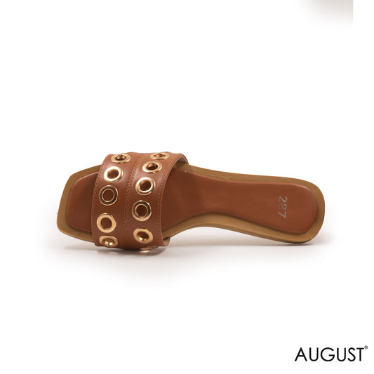 BROWN LEATHER FLAT SLIPPERS WITH GOLD GROMMETS