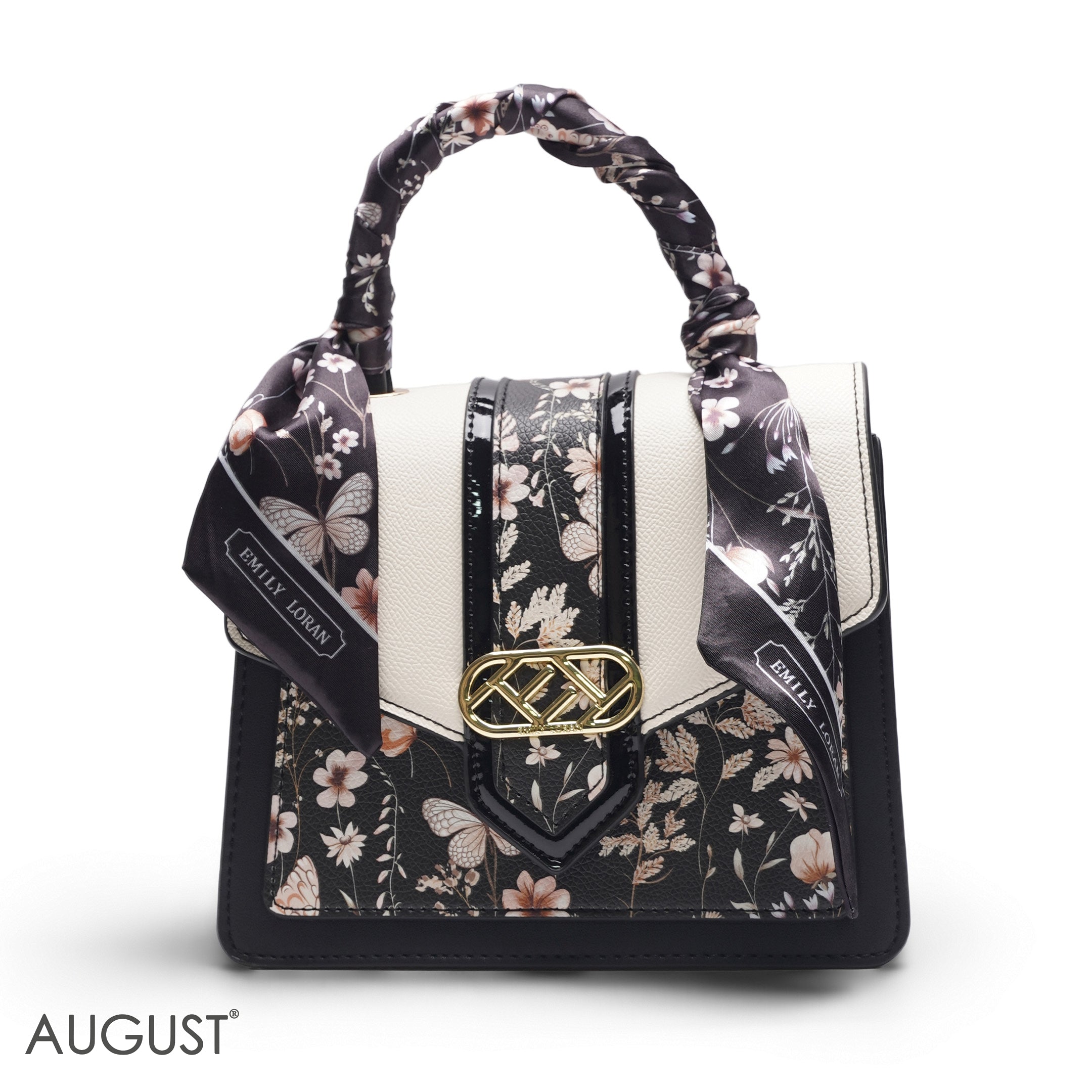 BLACK SATCHEL WITH FLORAL SCARF