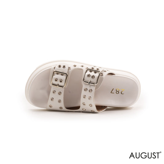 WHITE LEATHER SLIPPERS WITH METAL EYELETS AND BUCKLE