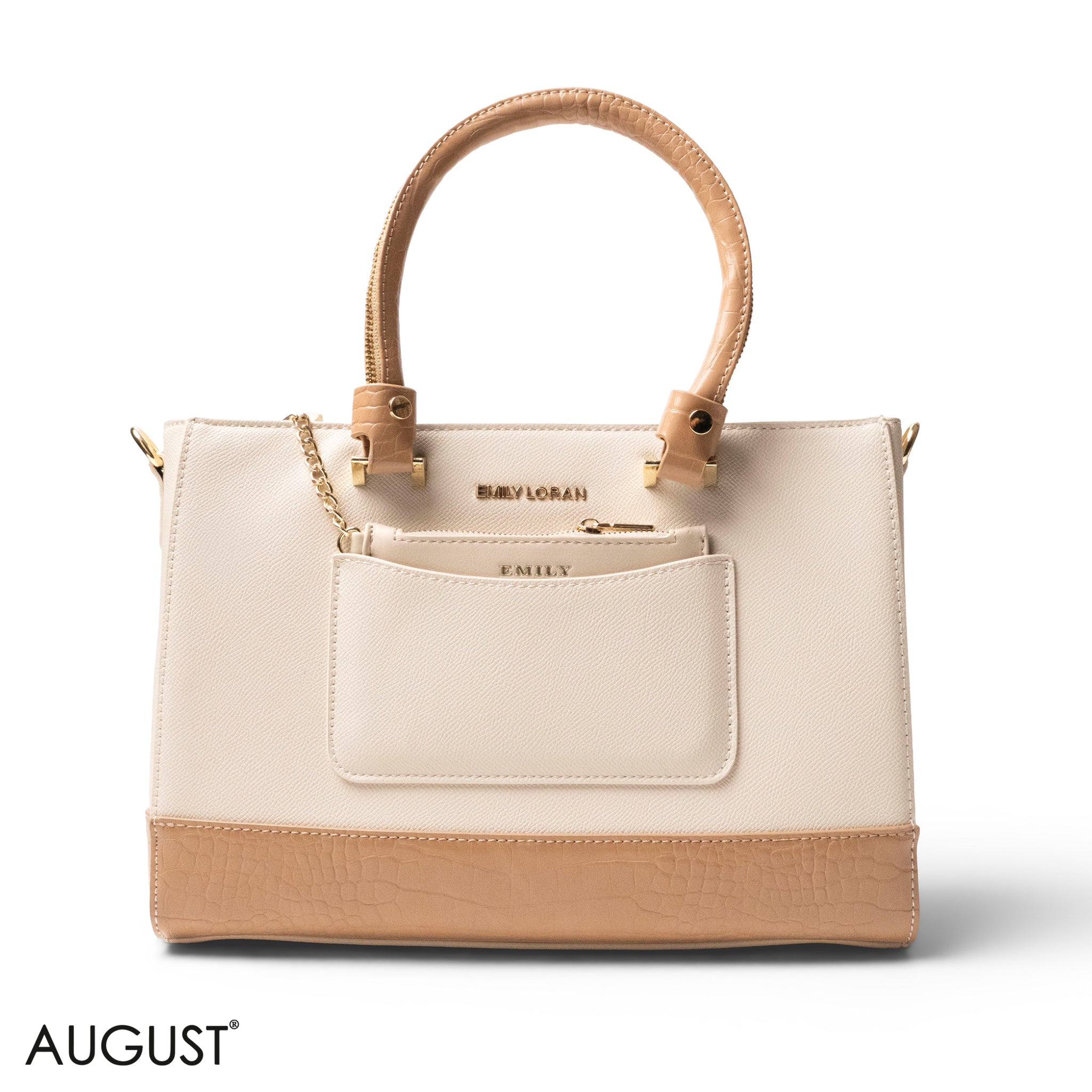 BEIGE LEATHER SMOOTH HANDBAG WITH CROC DETAILS-LARGE