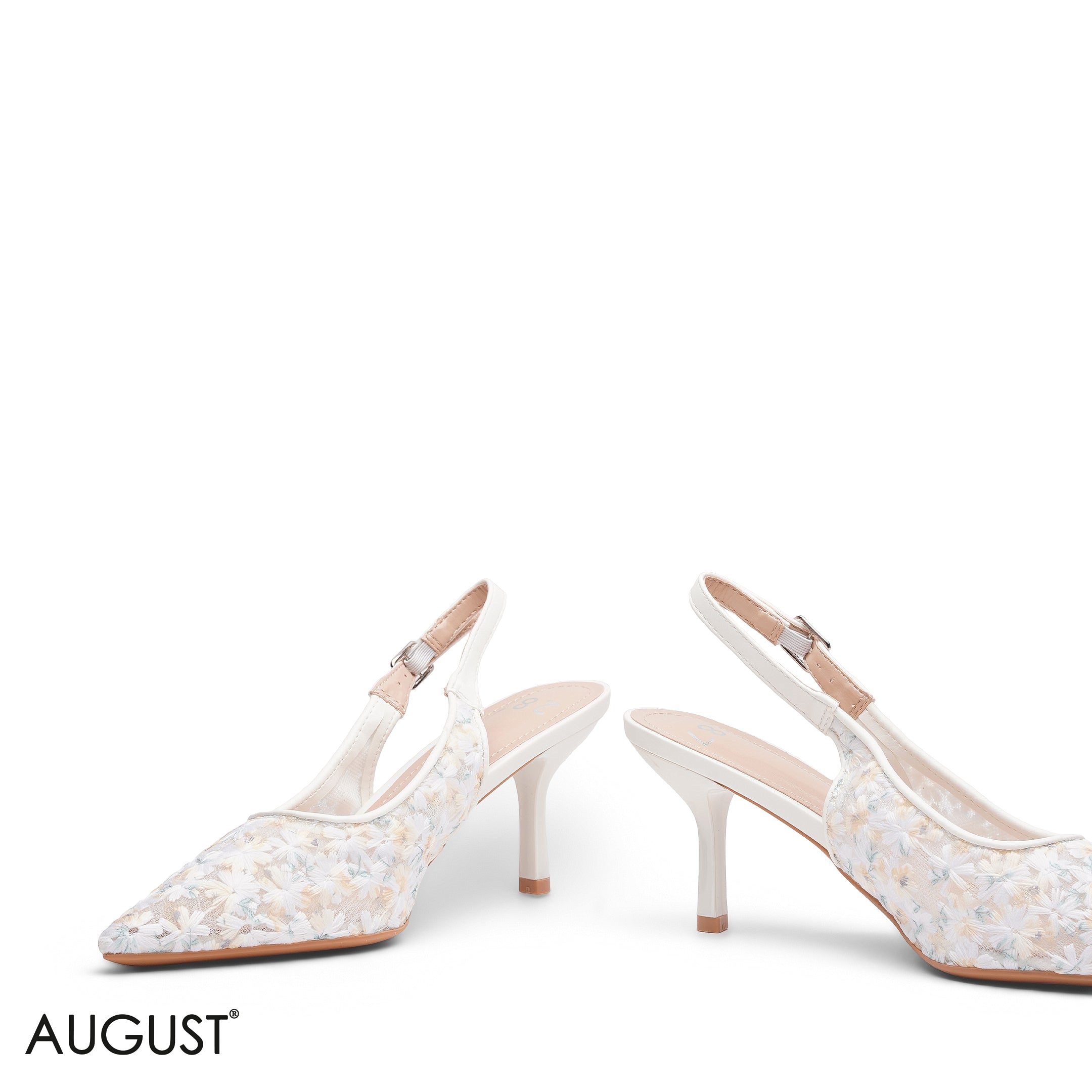 WHITE FLORAL MESH SLINGBACK HEELS