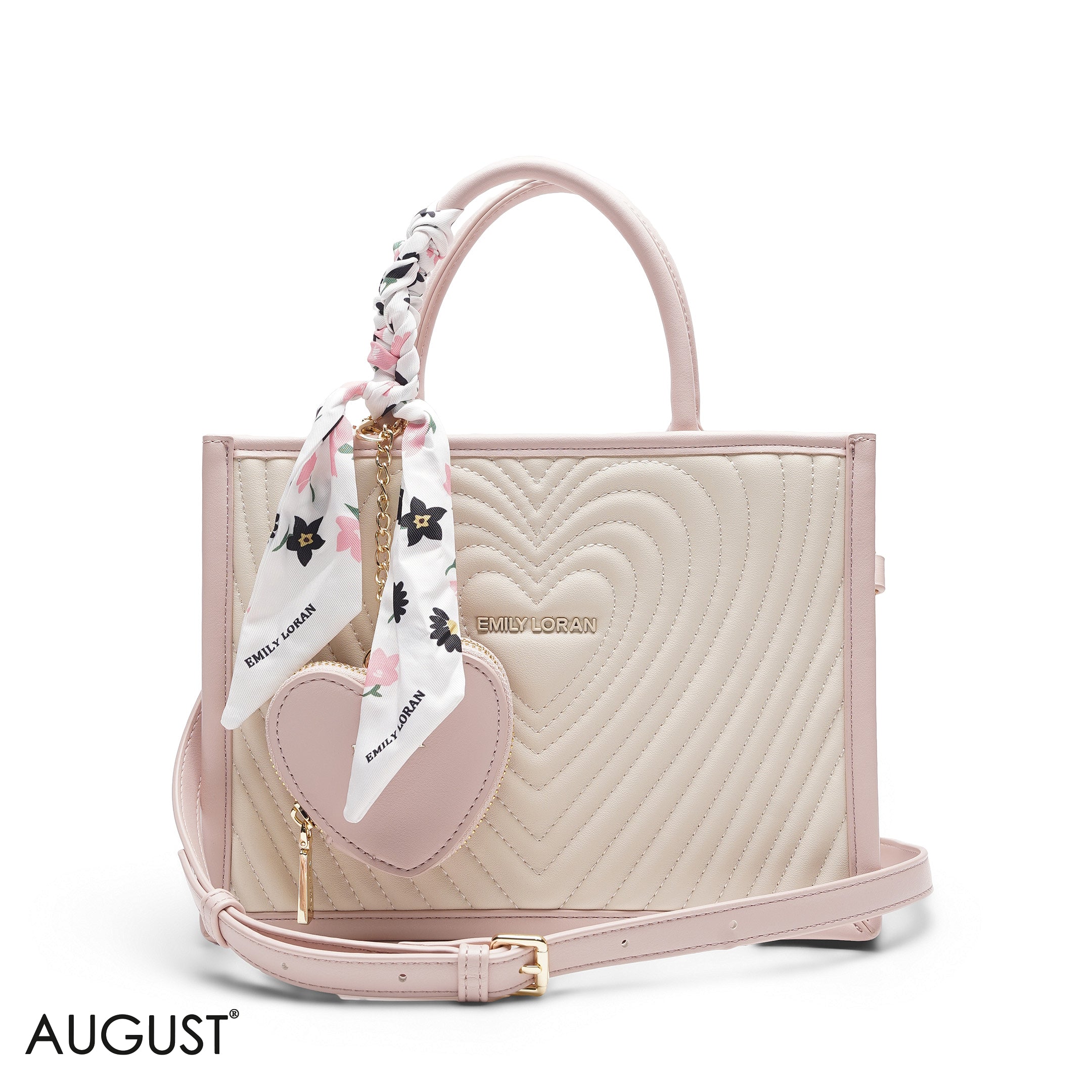HEART QUILTED FLORAL SCARF BEIGE&PINK TOTE BAG
