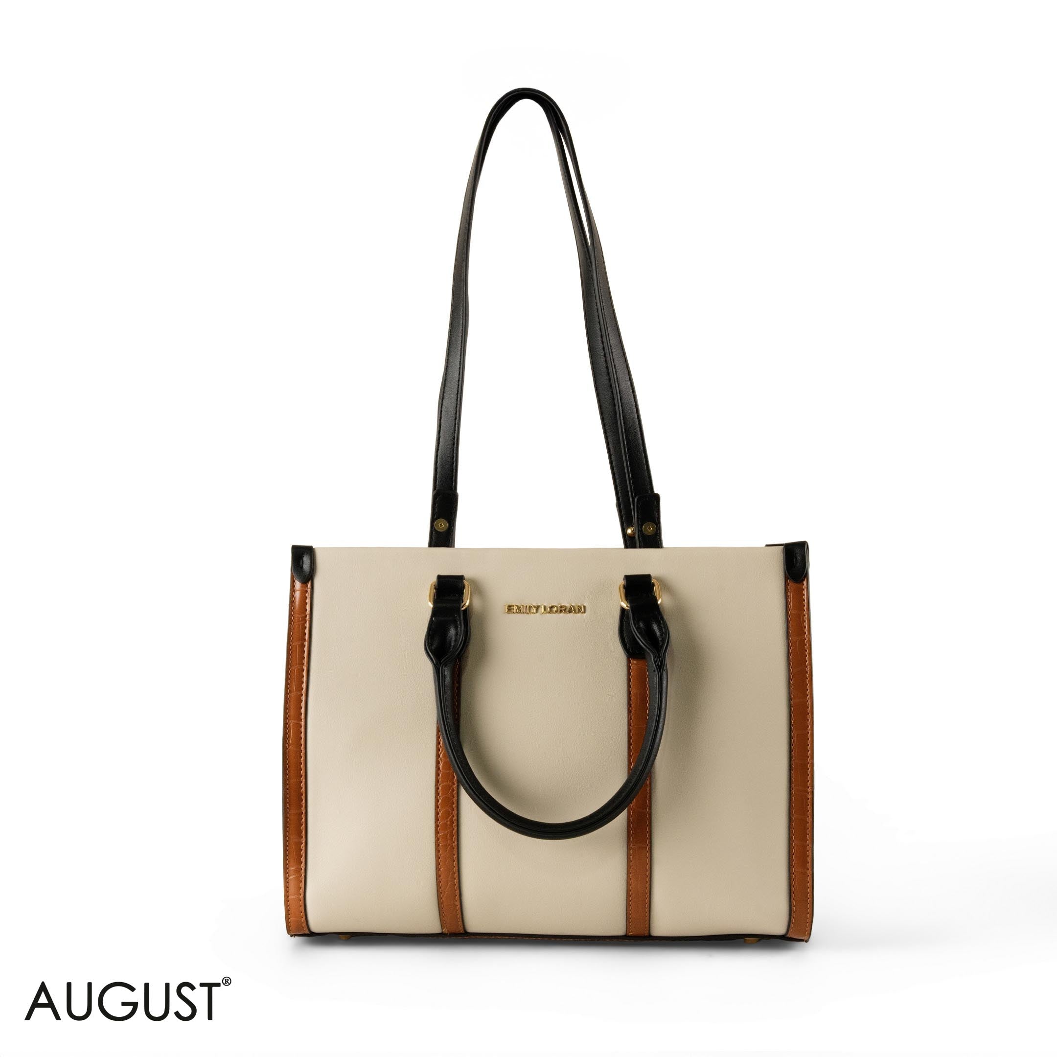 BEIGE EMILY LORAN HANDBAG WITH CAMEL LEATHER TRIM -MED