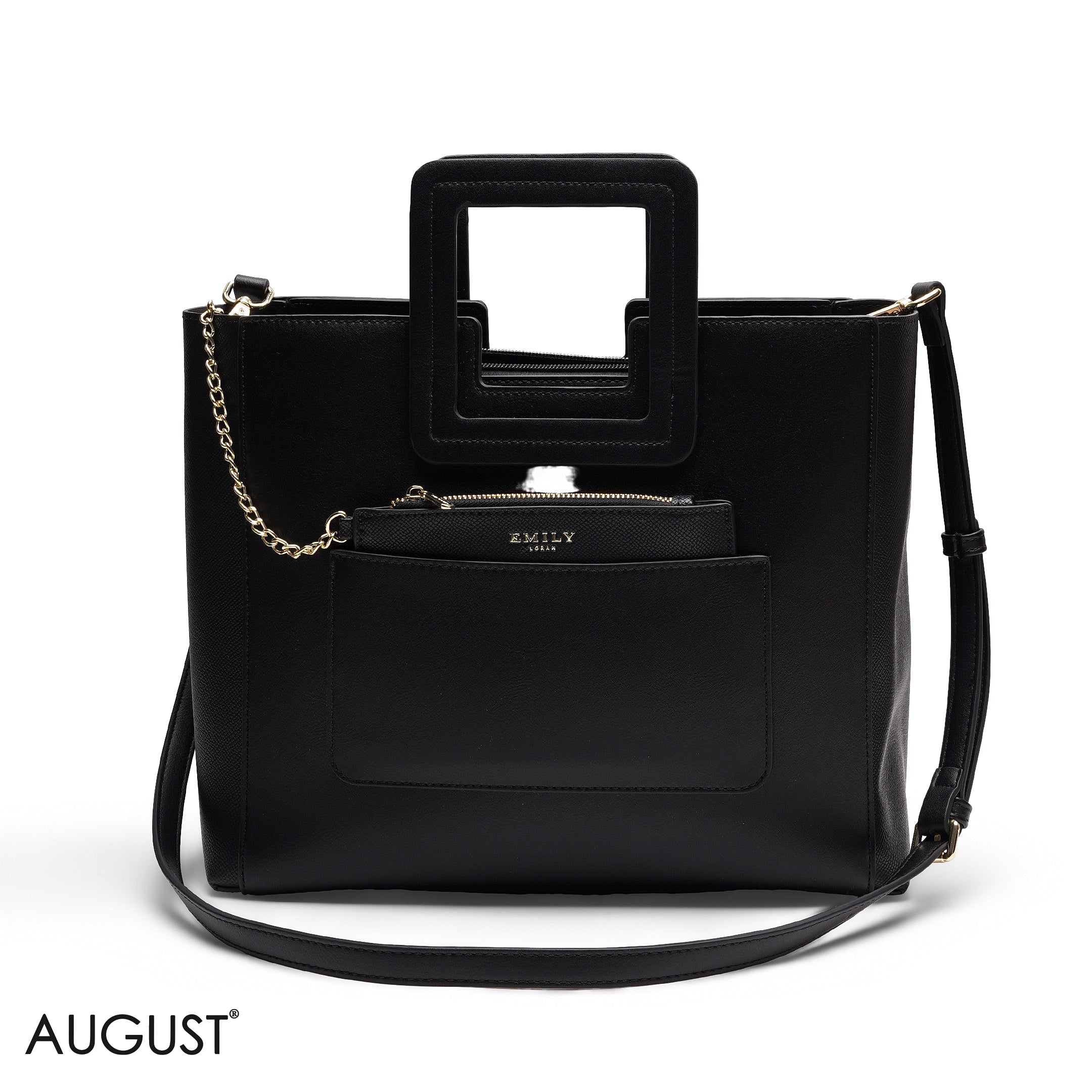 BLACK TEXTURED LEATHER TOTE WITH POUCH BAG