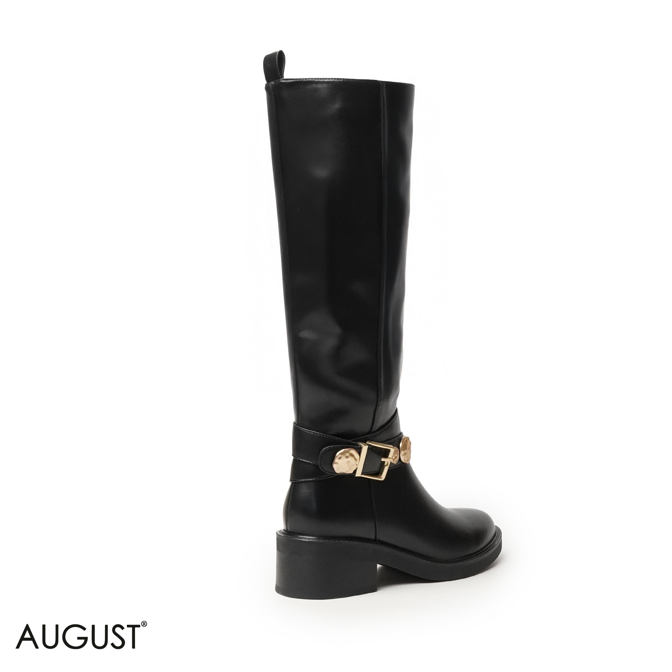 SMOOTH LEATHER LONG BOOTS WITH METAL ACCENTS