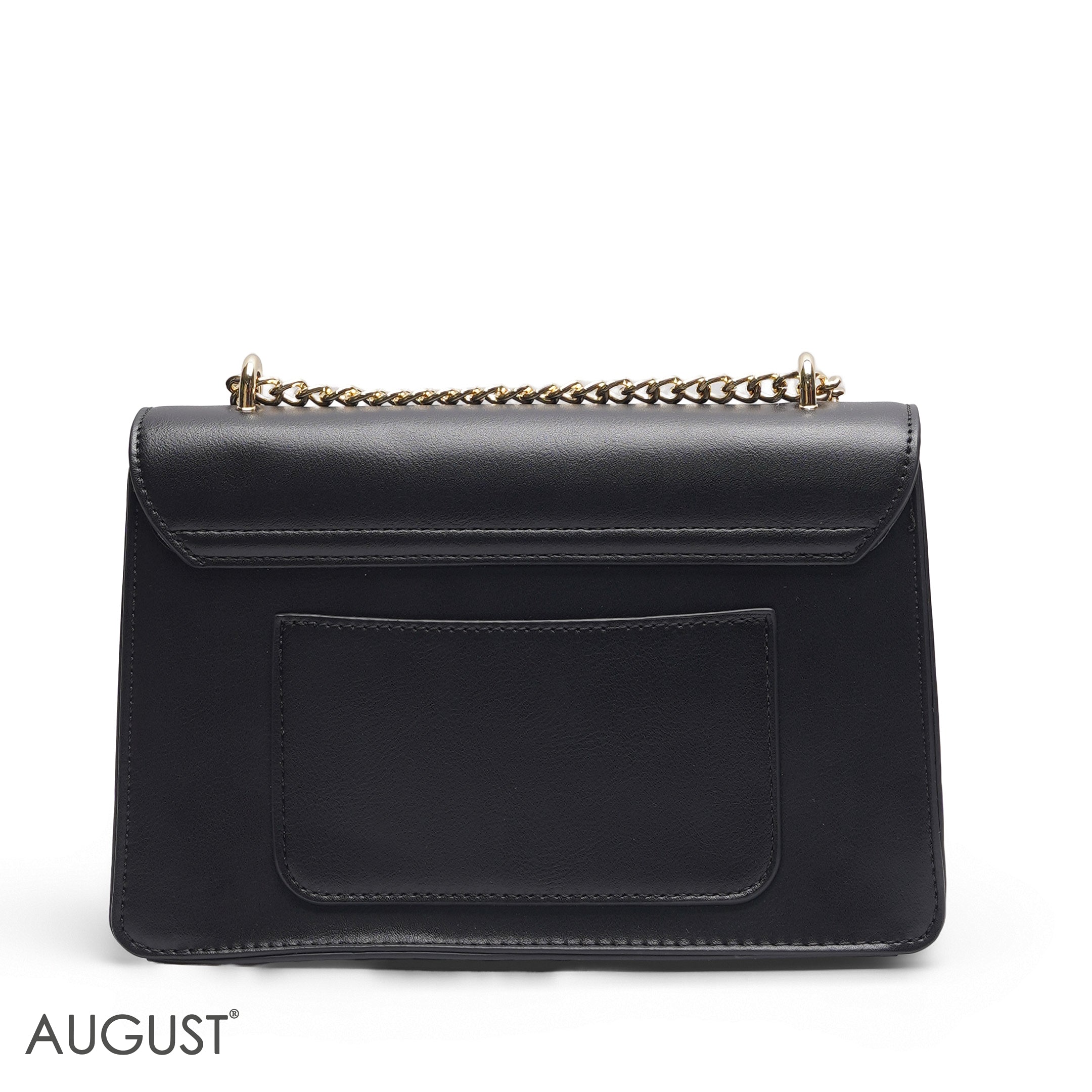 EMILY LORAN SOLID BLACK METALLIC LOGO FLAP BAG