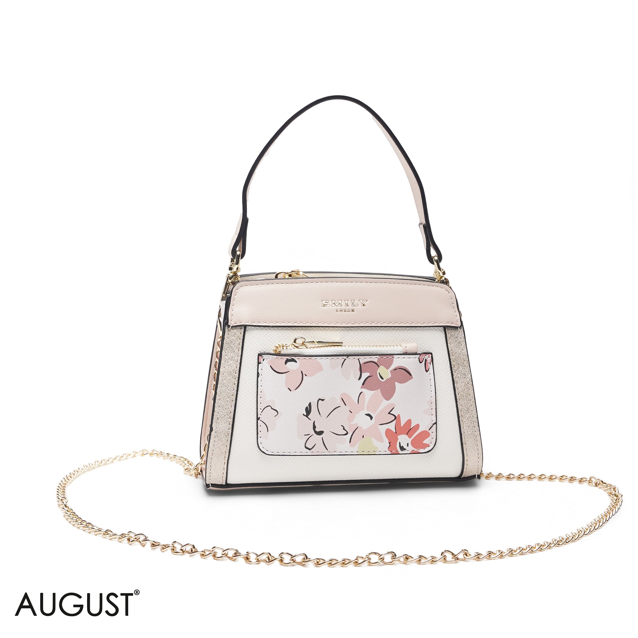 MINI BEIGE FLORAL BAG WITH FRONT POUCH & GOLD METAL STRAP