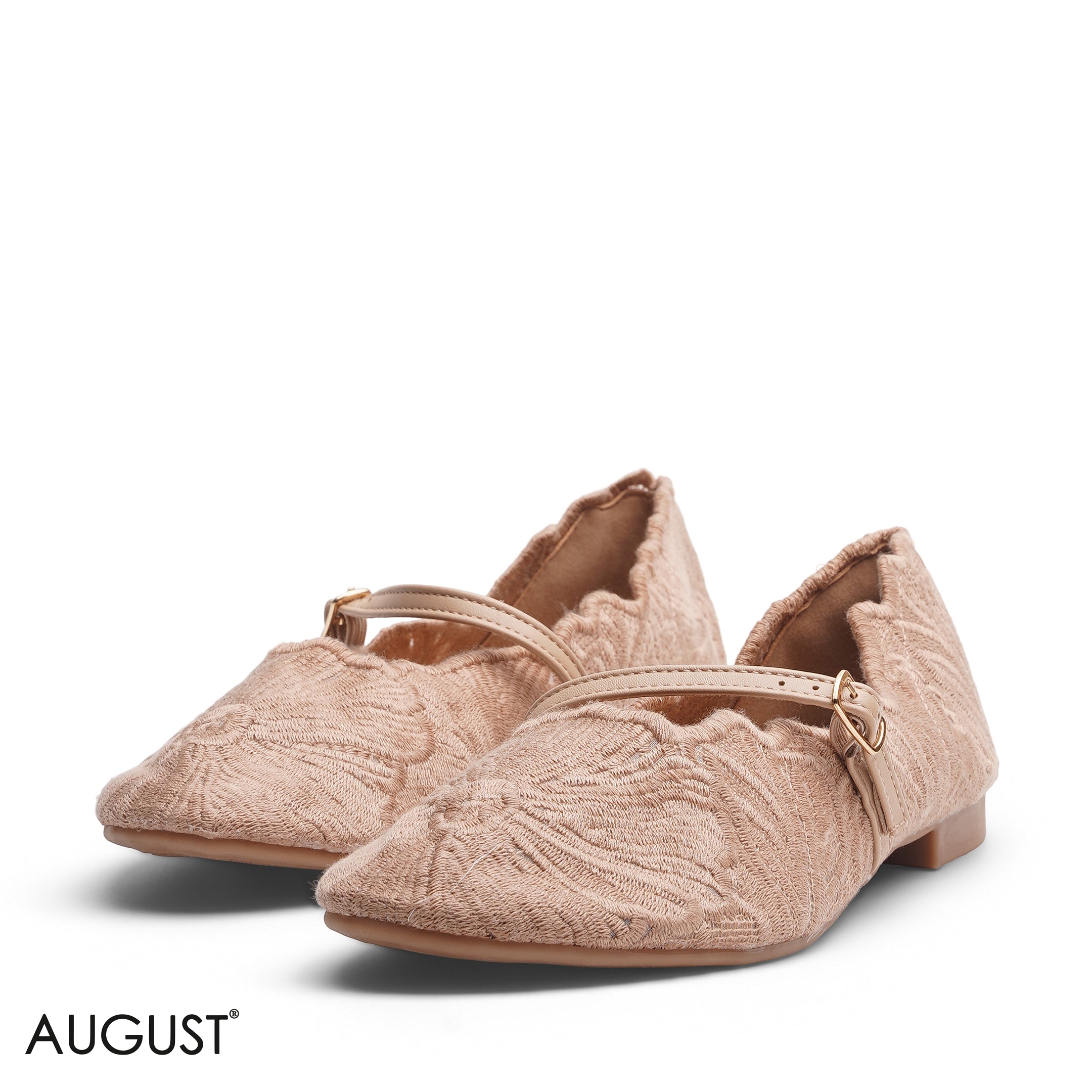 BEIGE EMBROIDERED MESH MARY JANE FLATS