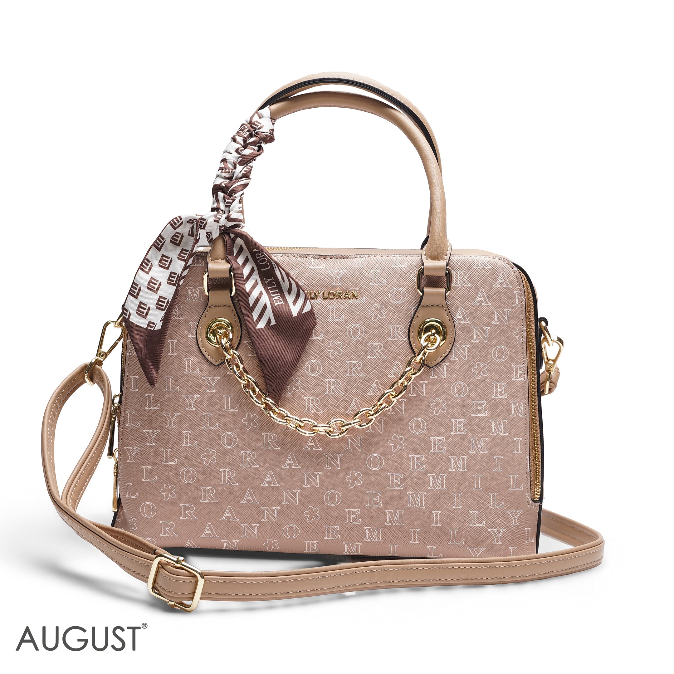 BEIGE EMILY LETTER PRINT SATCHEL BAG WITH SCARF ACCENT - MED