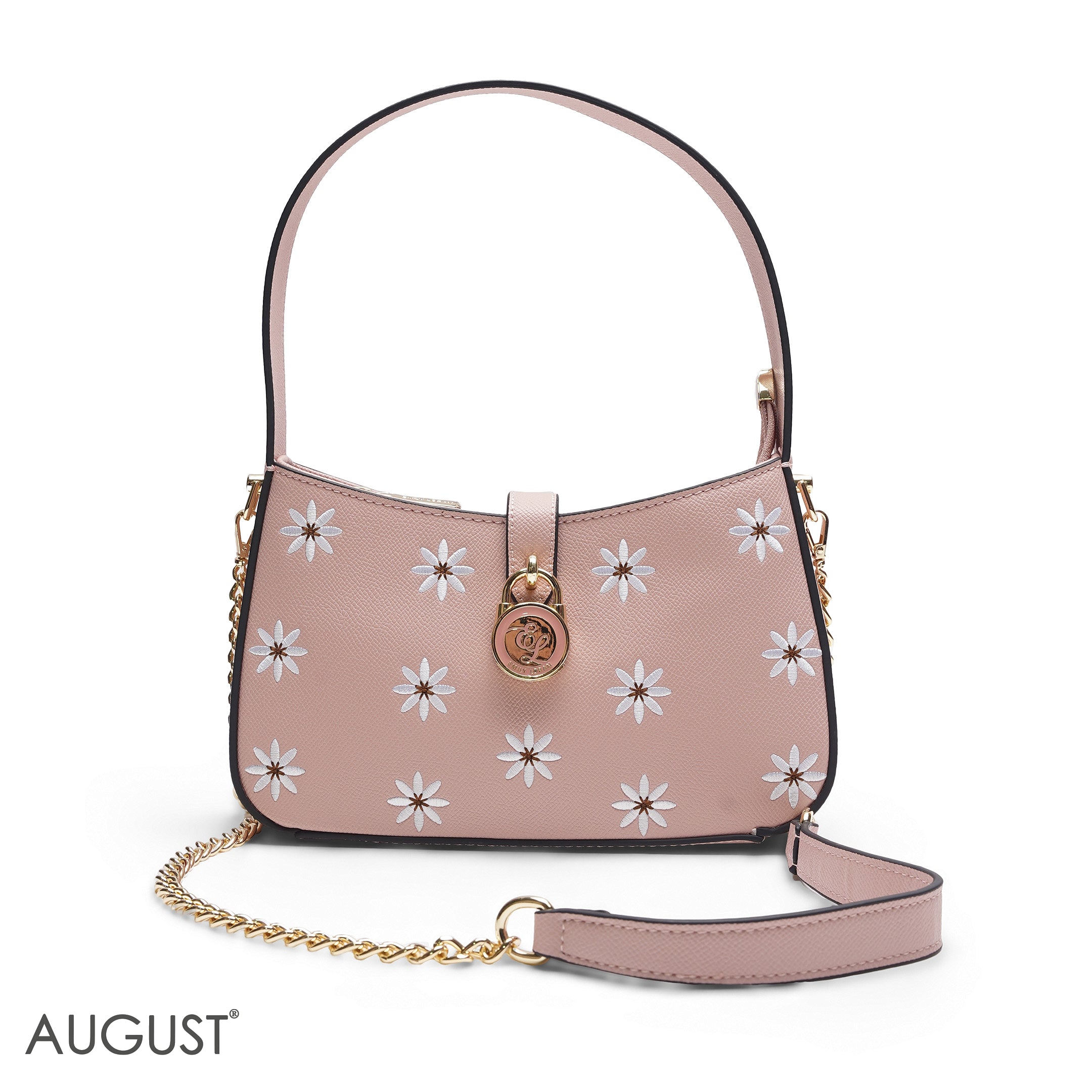 NUDE PINK DAISY EMBROIDERED BAGUETTE BAG