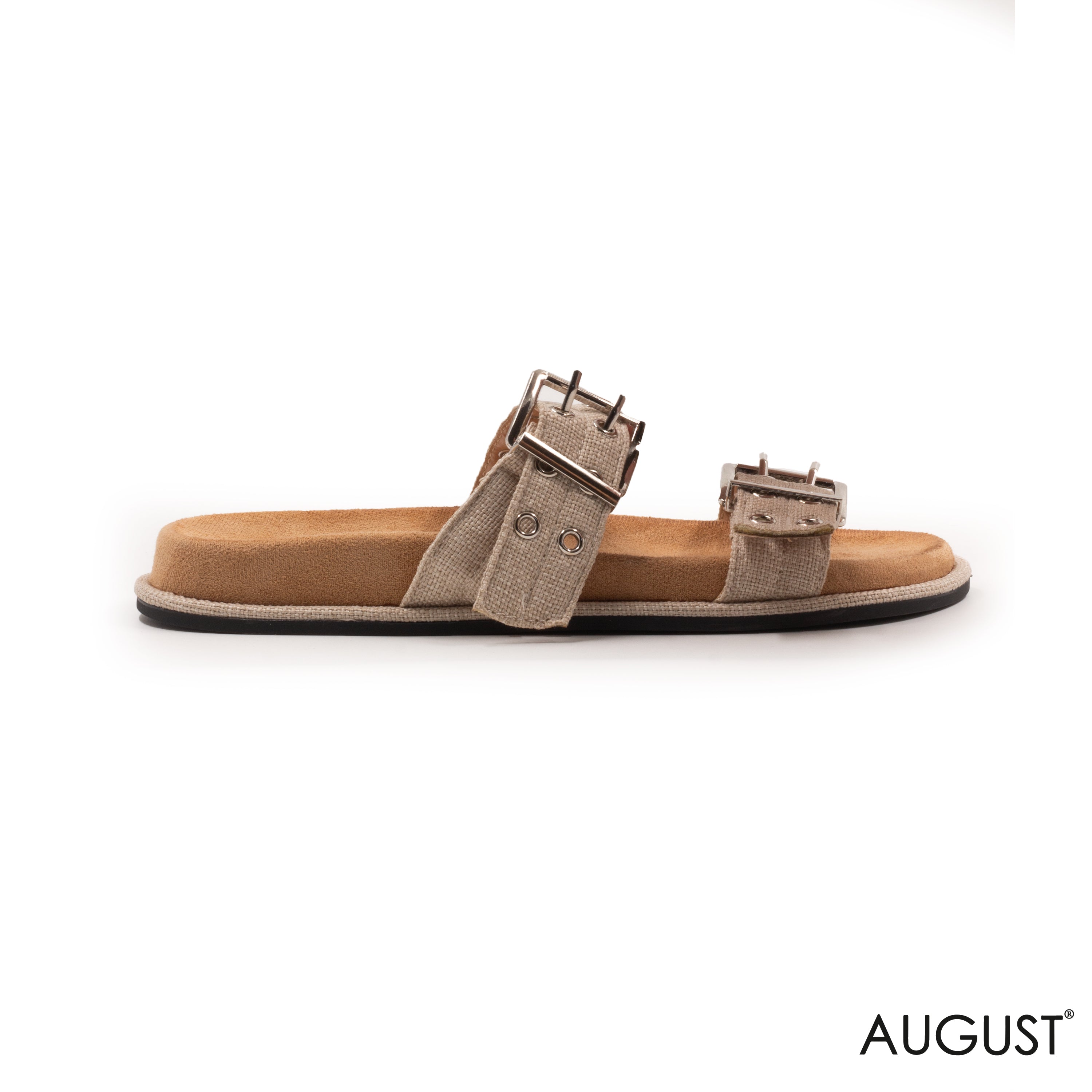 BEIGE FABRIC STRAPS SLIPPERS WITH BUCKLED