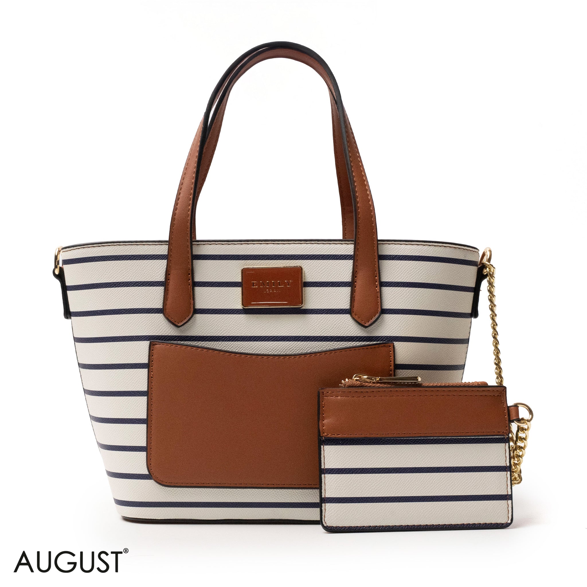 LEATHER HANDBAG WITH STRIPED NAVY ACCENTS - MED