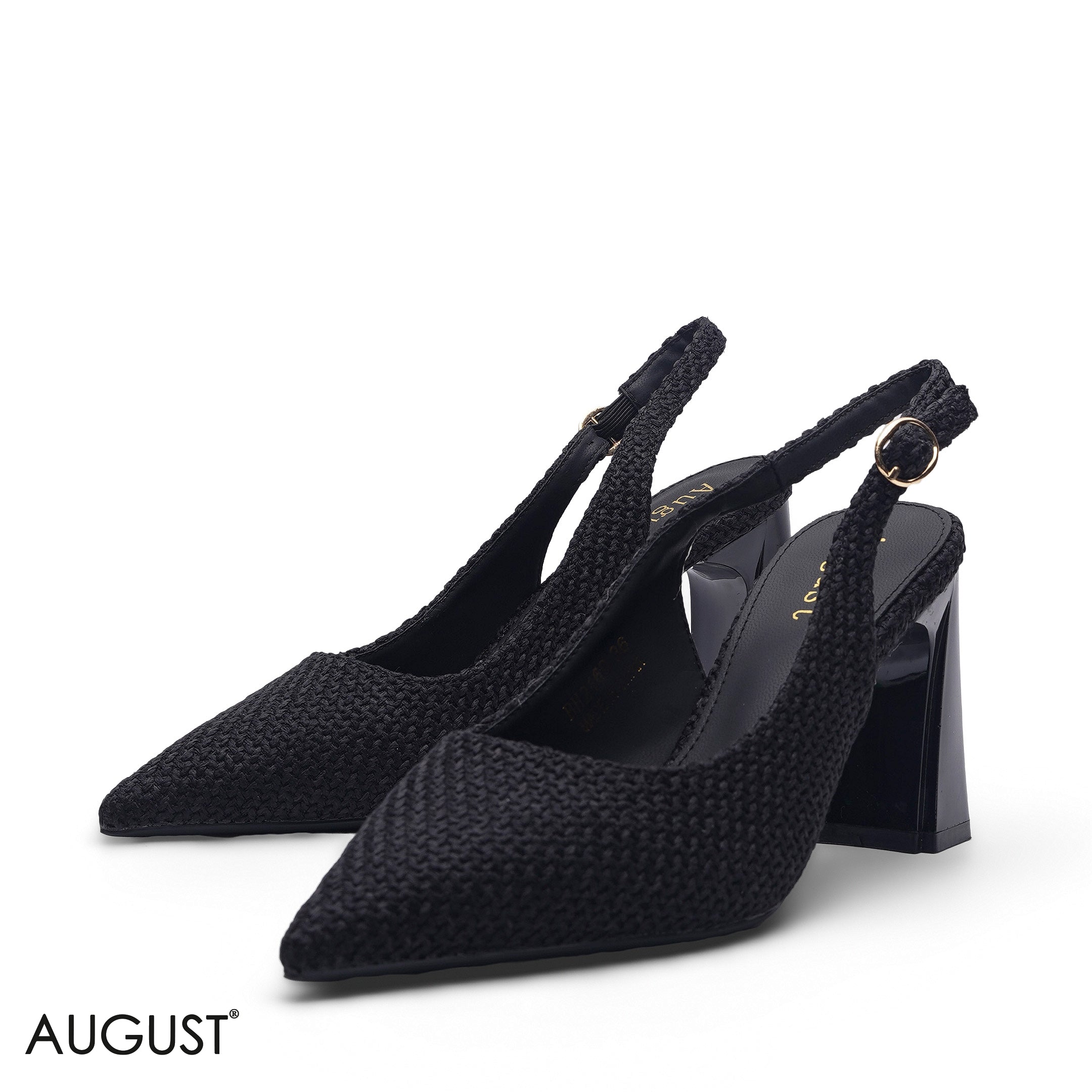BLACK WOVEN TEXTURE POINTED TOE BLOCK HEEL