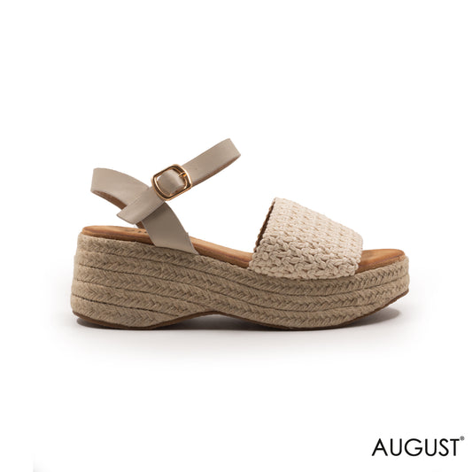BEIGE WOVEN SANDALS, WEDGE SOLE WITH ANKEL BUCKLE