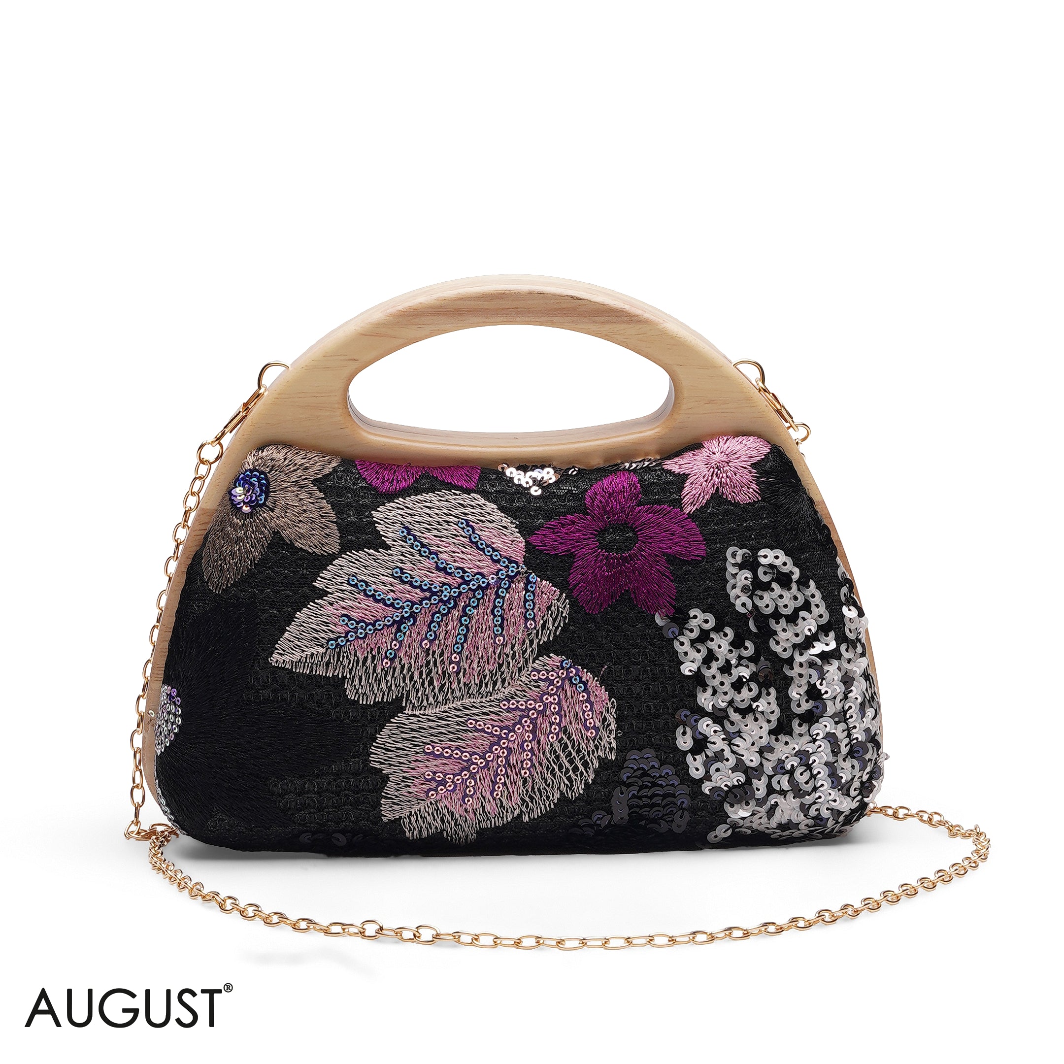 BLACK FLORAL EMBROIDERY WOODEN HANDLE CLUTCH