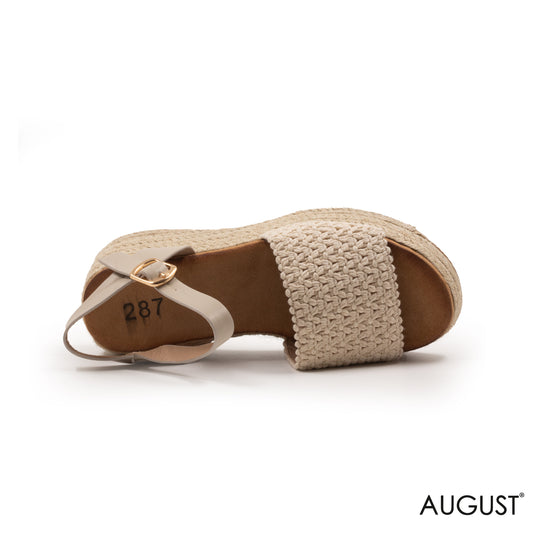 BEIGE WOVEN SANDALS, WEDGE SOLE WITH ANKEL BUCKLE