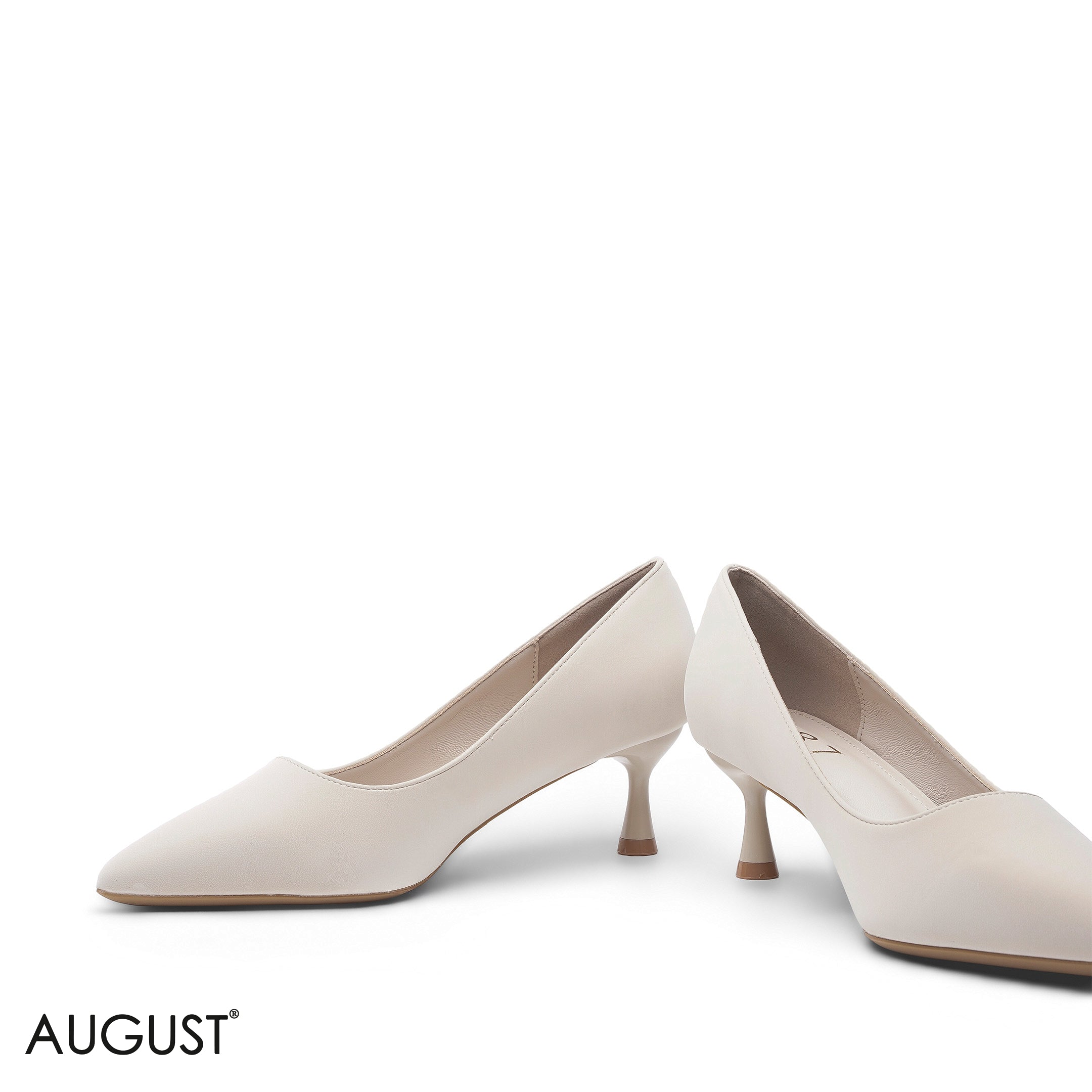 BEIGE LEATHER POINTED-TOE MED-HEEL PUMPS