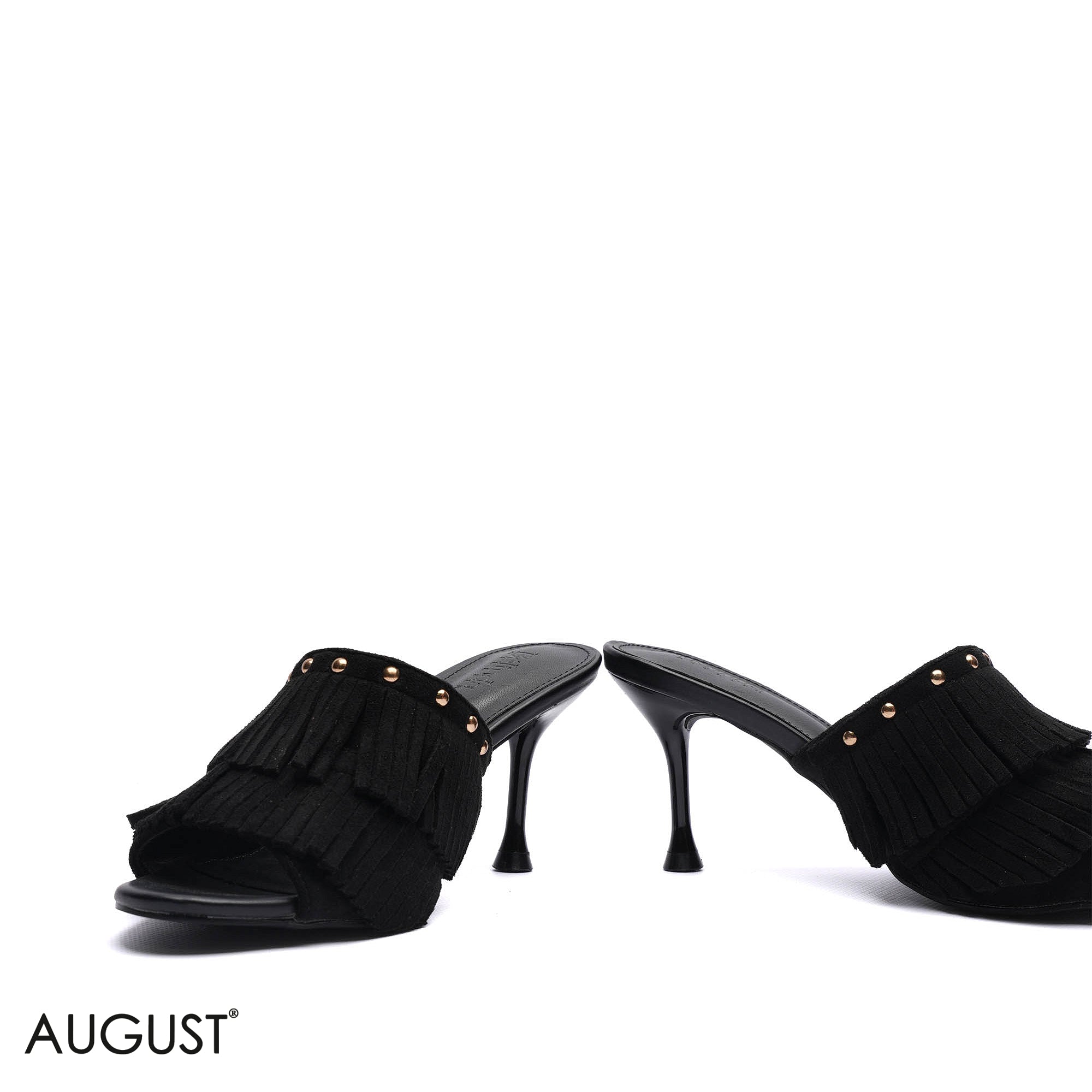SUEDE FRINGE HEELED MULES