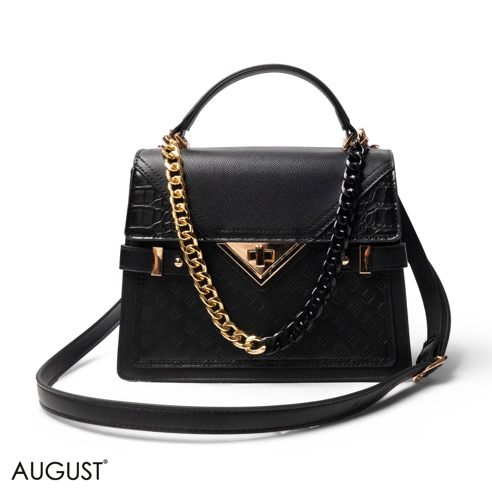 BLACK LEATHER HANDBAG WITH METAL CHAIN ACCENTS-MED