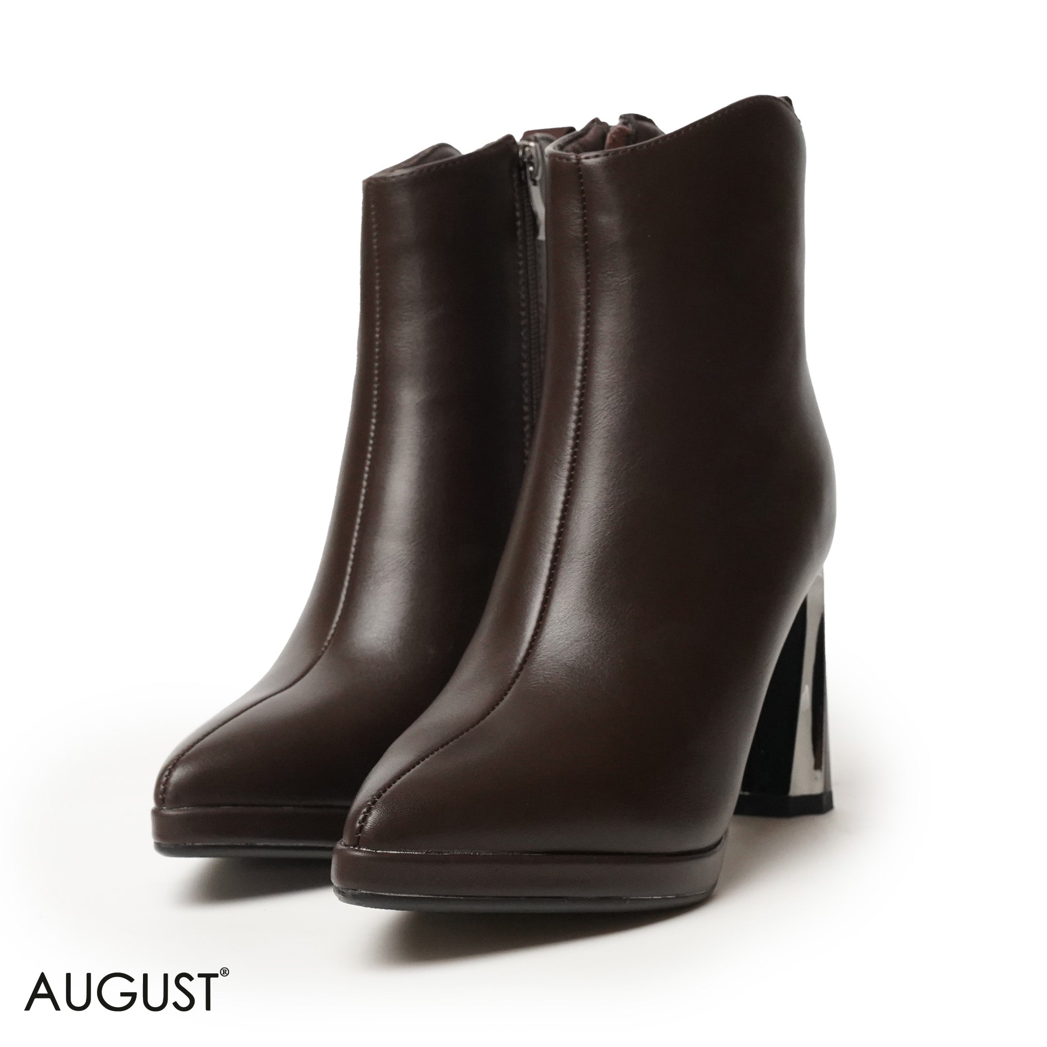 BROWN SMOOTH LEATHER HEELED BOOTS WITH SIDE ZIPPER