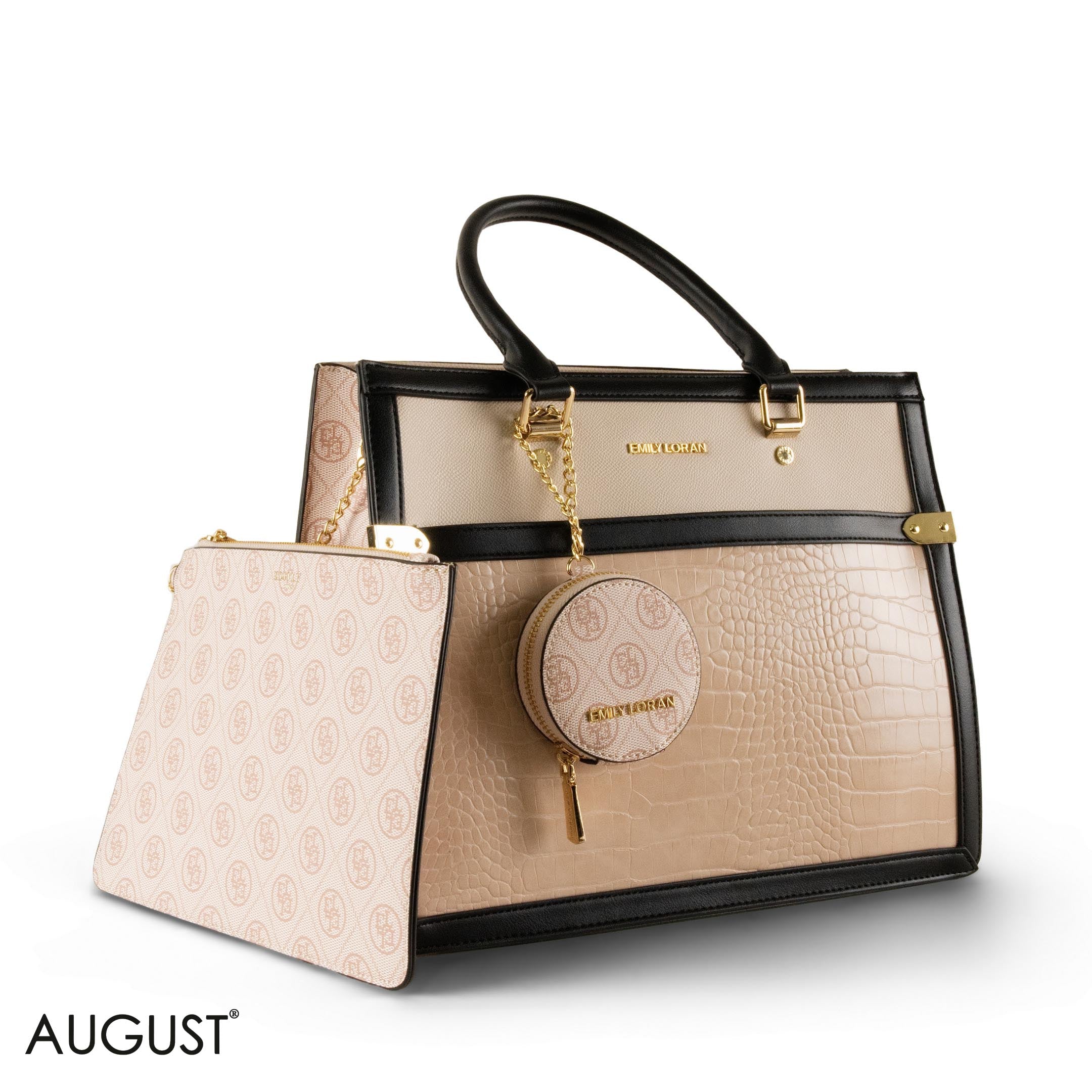 BEIGE LEATHER EMILY LORAN HANDBAG WITH PANTTERNED DETAILS - LARGE