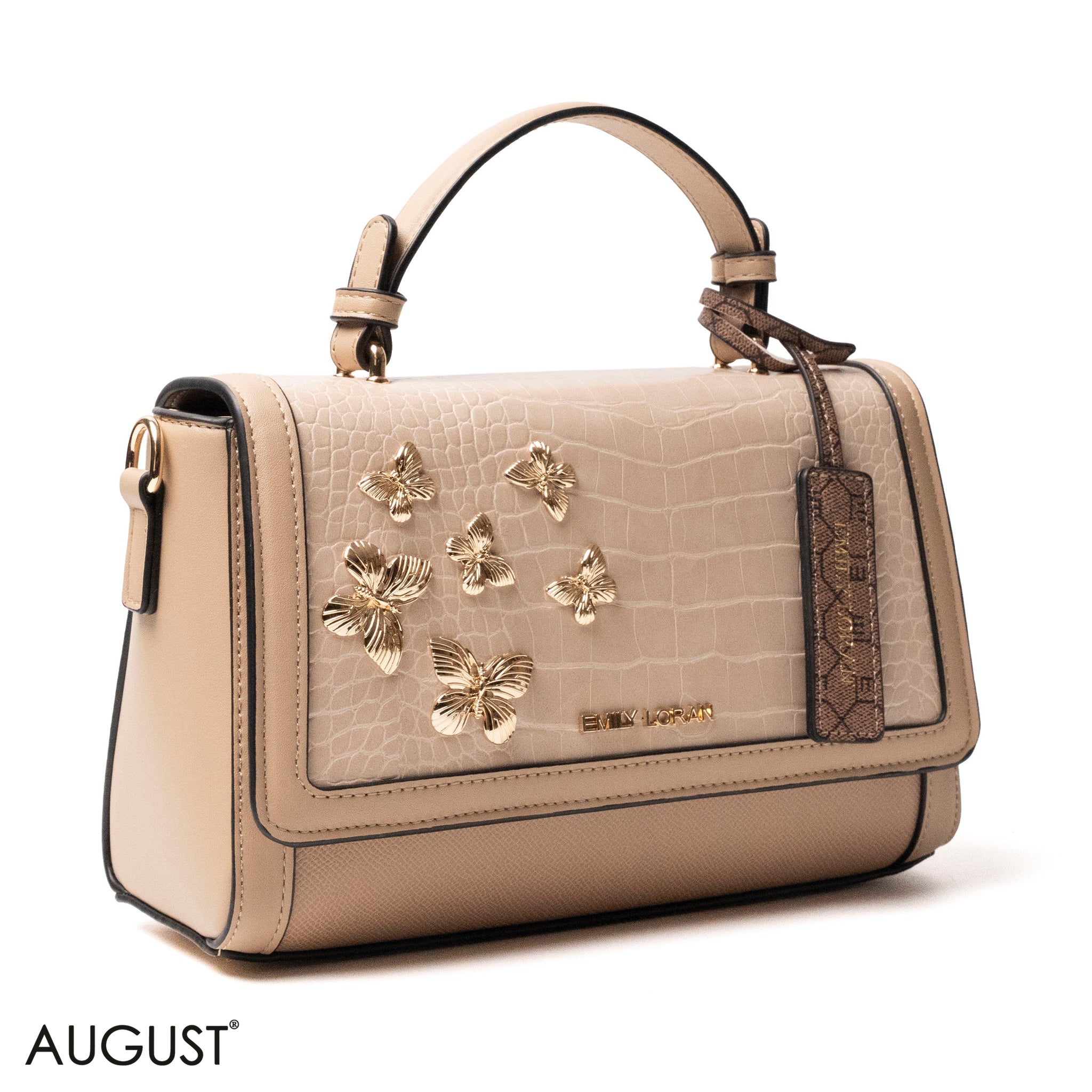 BEIGE LEATHER HANDBAG WITH CROC,BUTTERFLIES DETAILS-MED