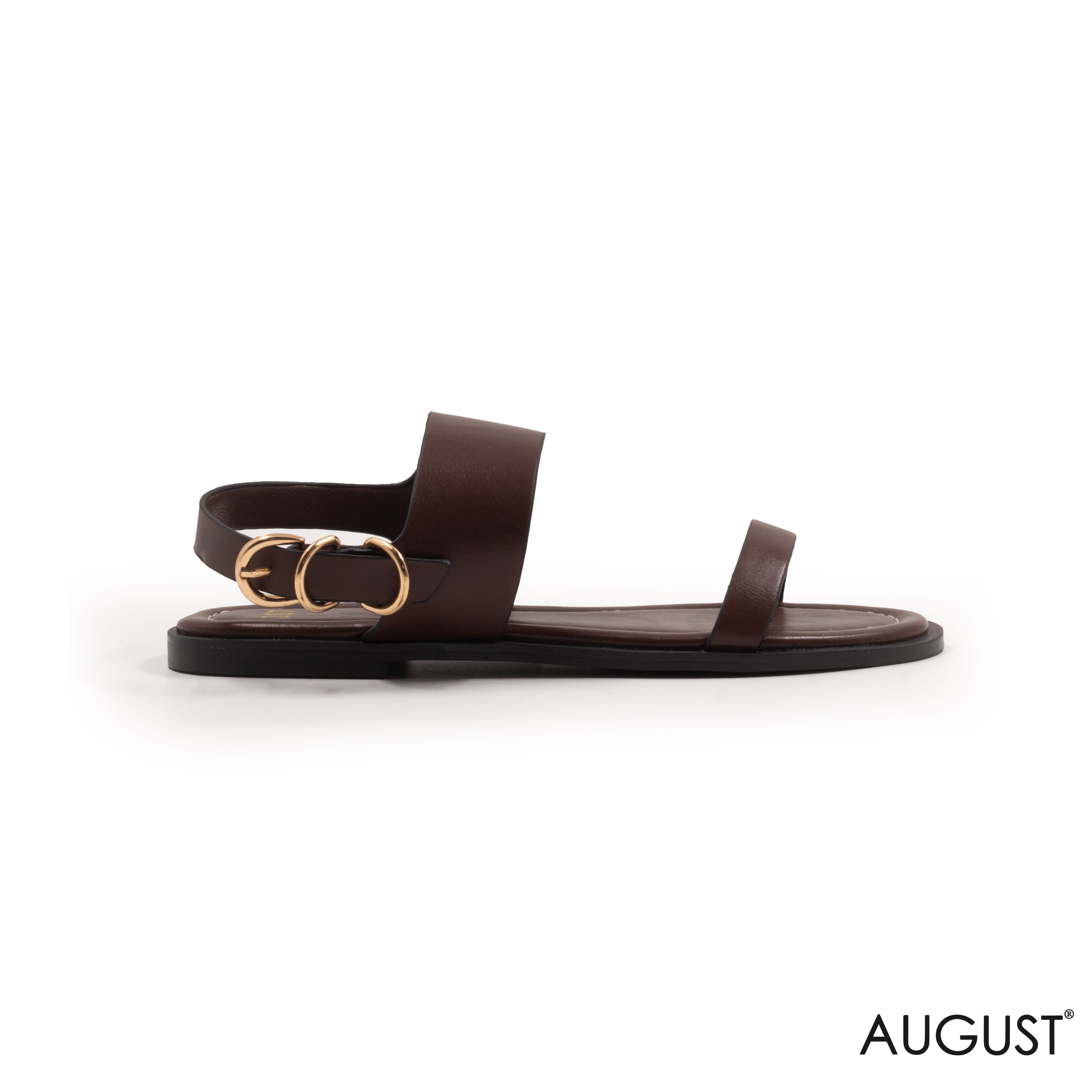SMOOTH DARK BROWN LEATHER FLAT SANDALS WITH BUCKLED