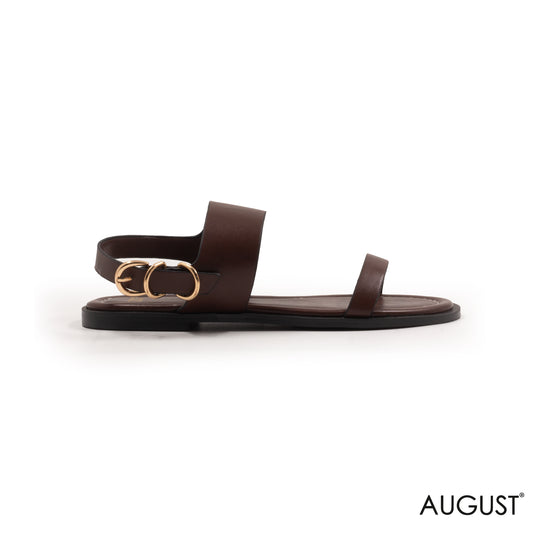 SMOOTH DARK BROWN LEATHER FLAT SANDALS WITH BUCKLED