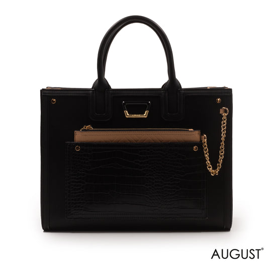 BLACK LEATHER CROC HANDBAG WITH METAL CHAIN-LARGE