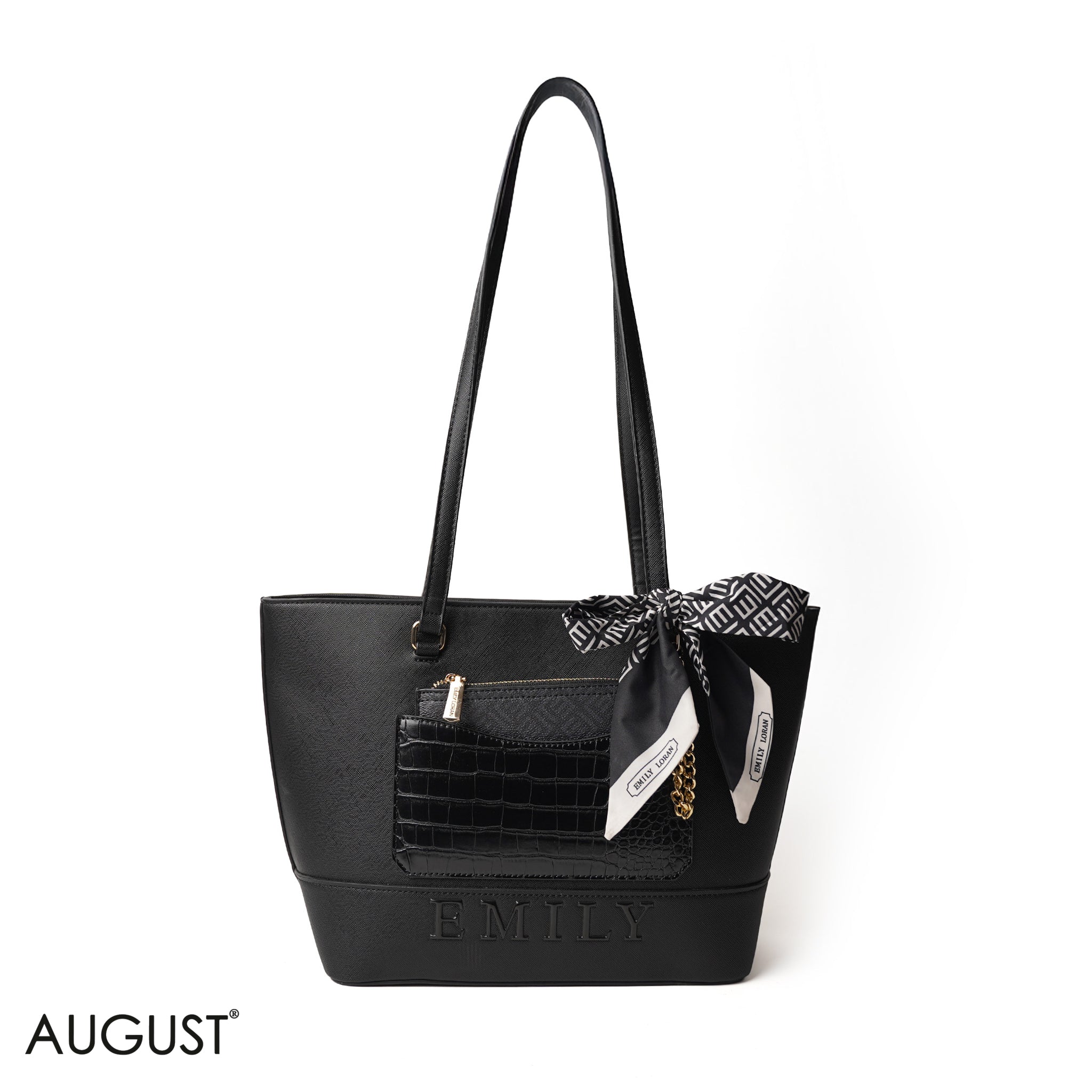 BLACK LEATHER SHOULDERS BAG WITH LOGO EMILY ACCENT, SCARF - LARGE