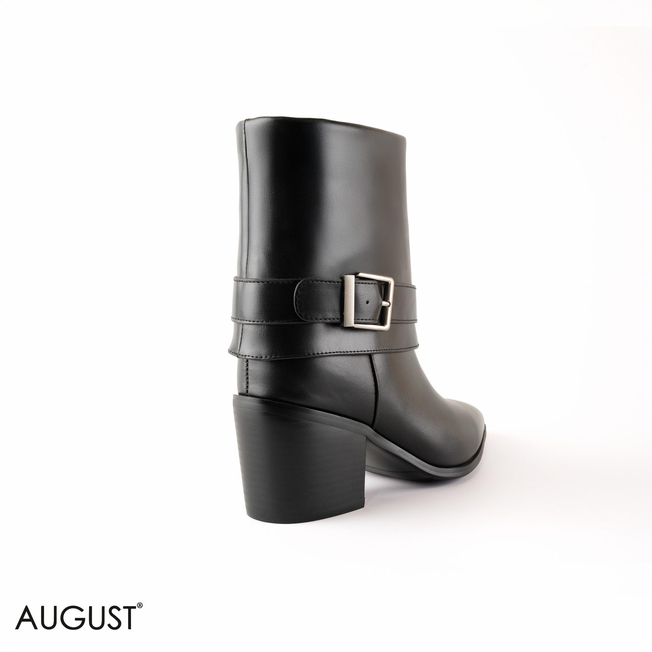 BLACK SMOOTH LEATHER BUCKLED ANKLE BOOTS