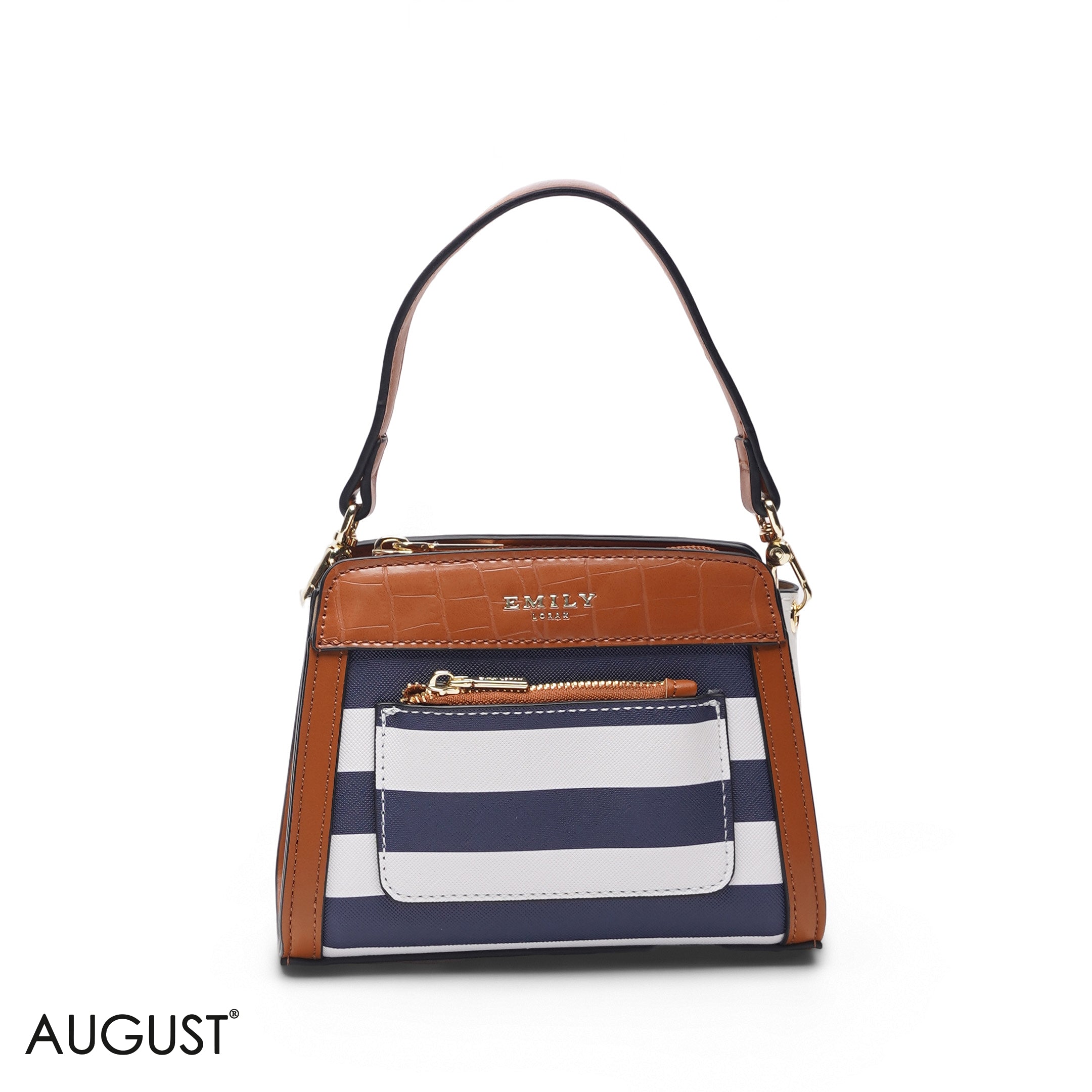MINI NAVY STRIPED BAG WITH FRONT POUCH & GOLD METAL STRAP