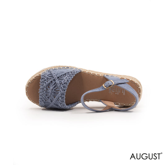 BLUE STRAW WOVEN FLAT SANDALS WITH WEDGE SOLE
