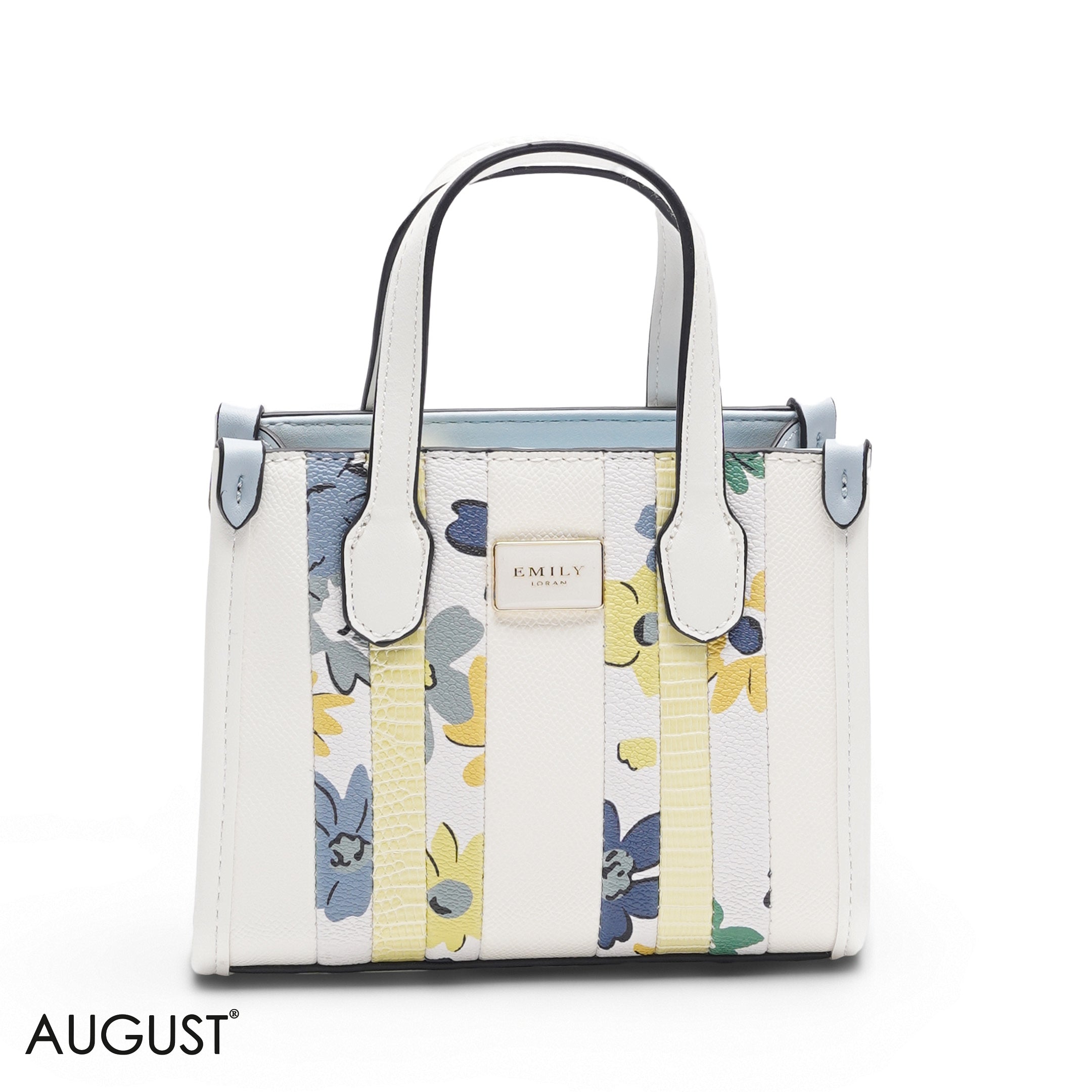 MINI WHITE BAG WITH BLUE & YELLOW ACCENTS WITH GOLD METAL STRAP