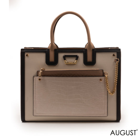 BEIGE LEATHER CROC HANDBAG WITH METAL CHAIN-LARGE