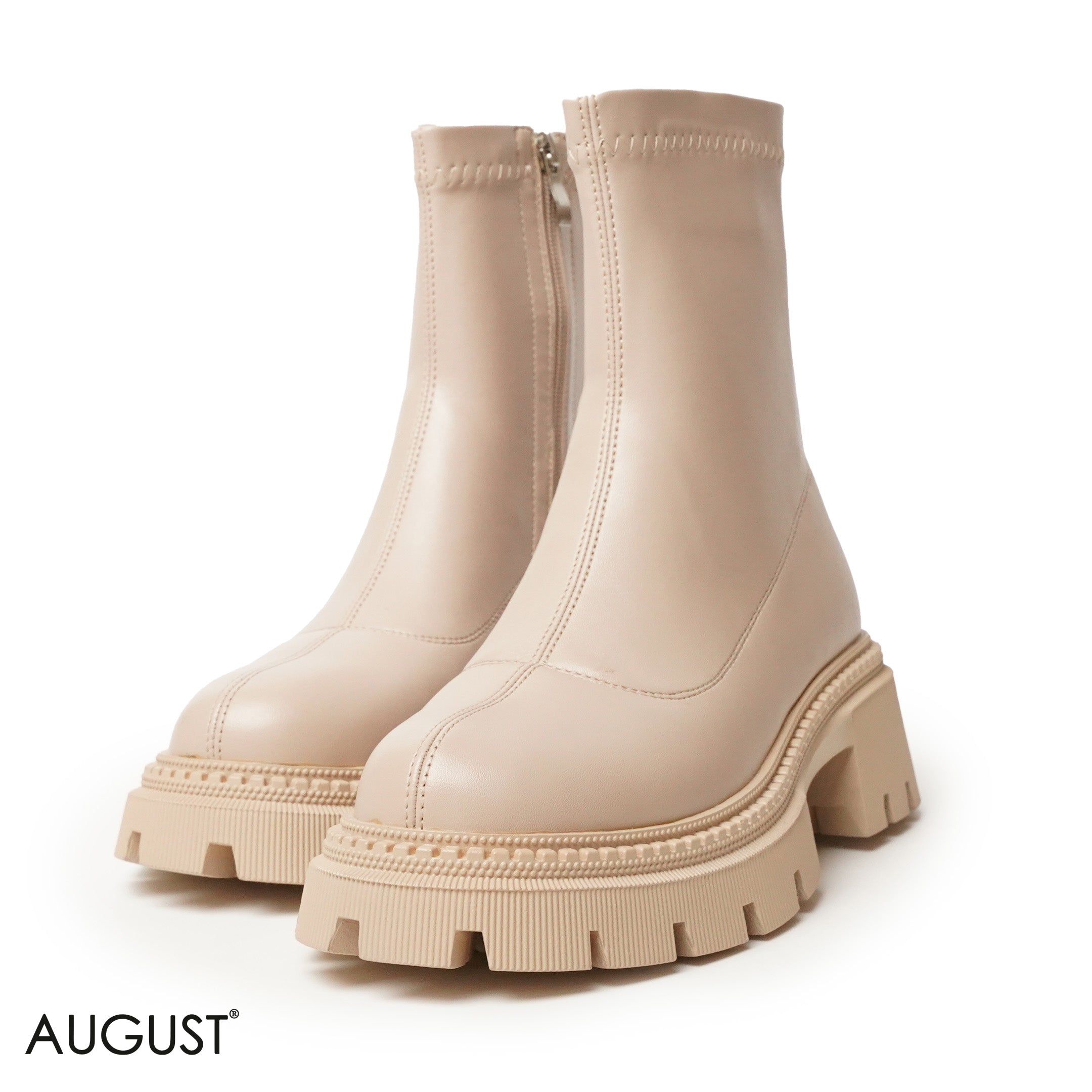 BEIGE LEATHER ANKLE BOOTS WITH THICK SOLE