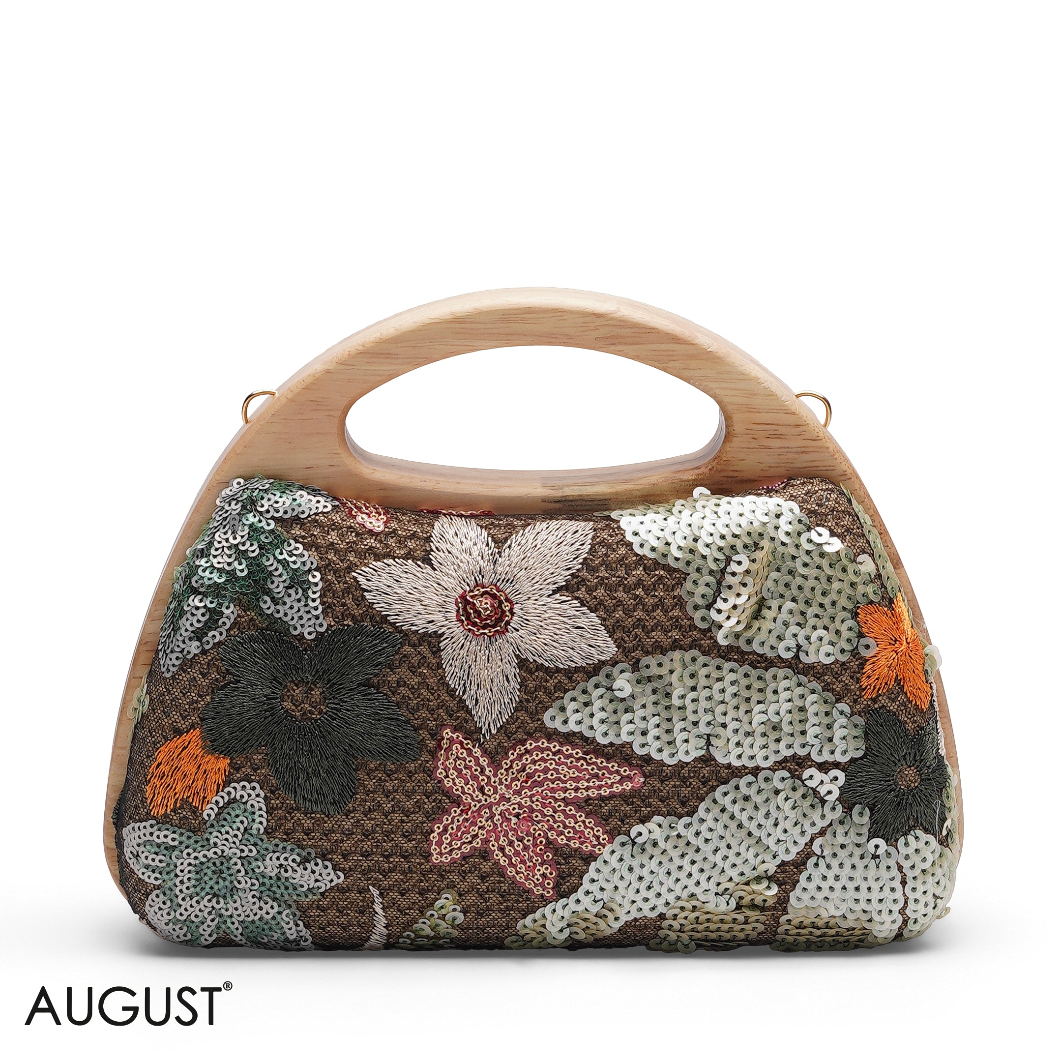 FLORAL EMBROIDERY WOODEN HANDLE CLUTCH