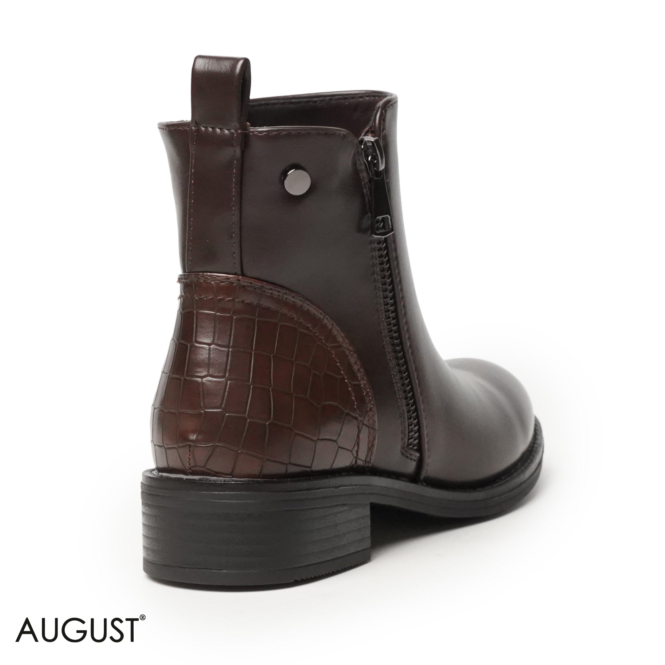 BROWN LEATHER ANKLE BOOTS WITH CROCODILE TOUCH