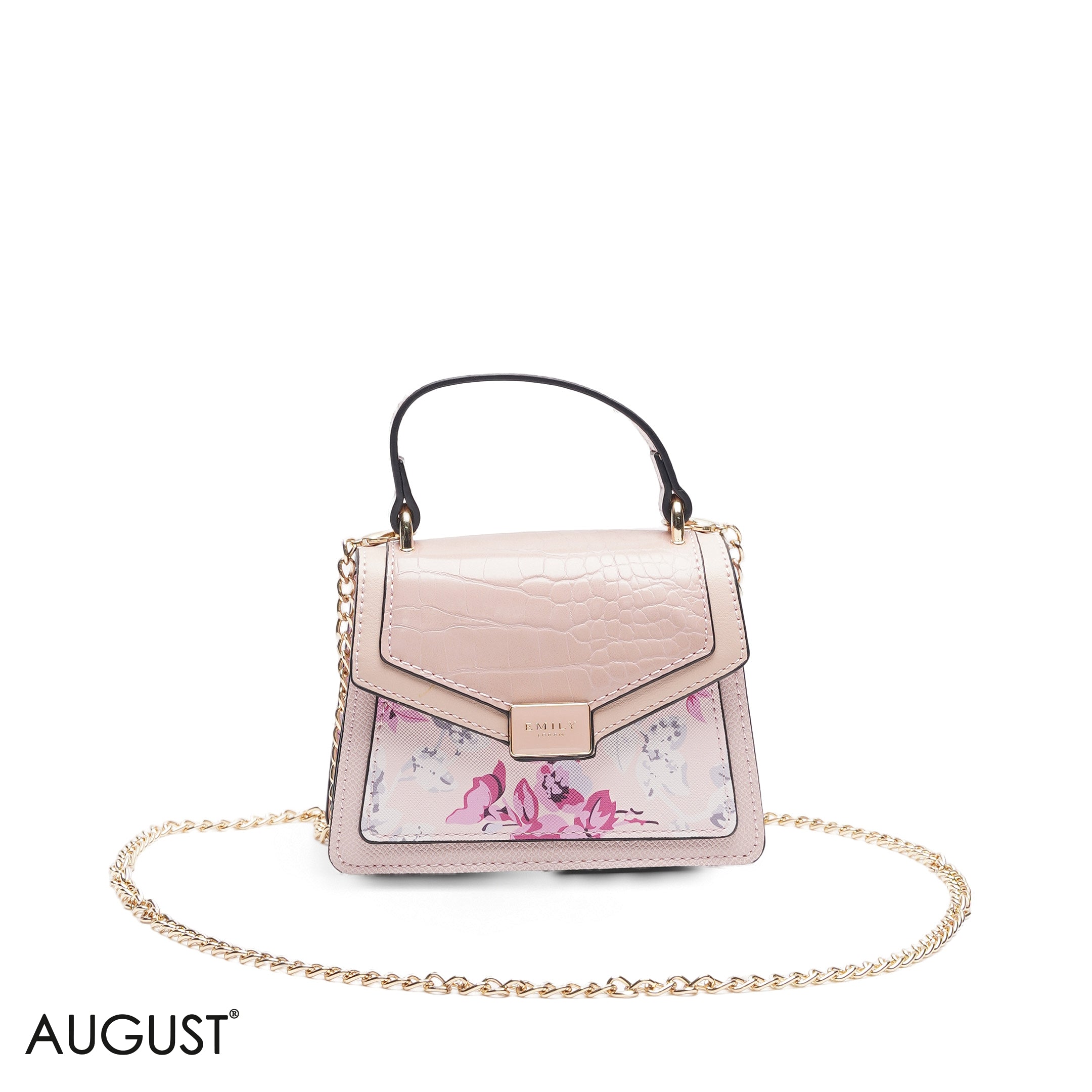 MINI PINK FLORAL BAG WITH GOLD METAL STRAP