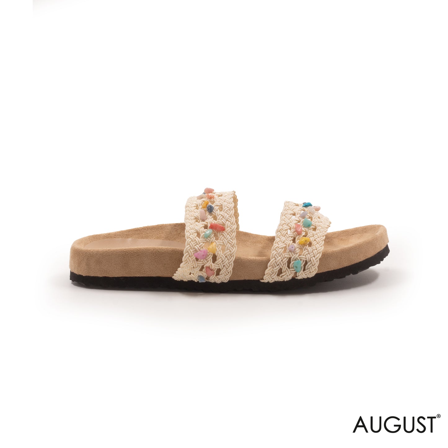 BEIGE BRAIDED STRAPS SLIPPERS WITH CORK SOLE