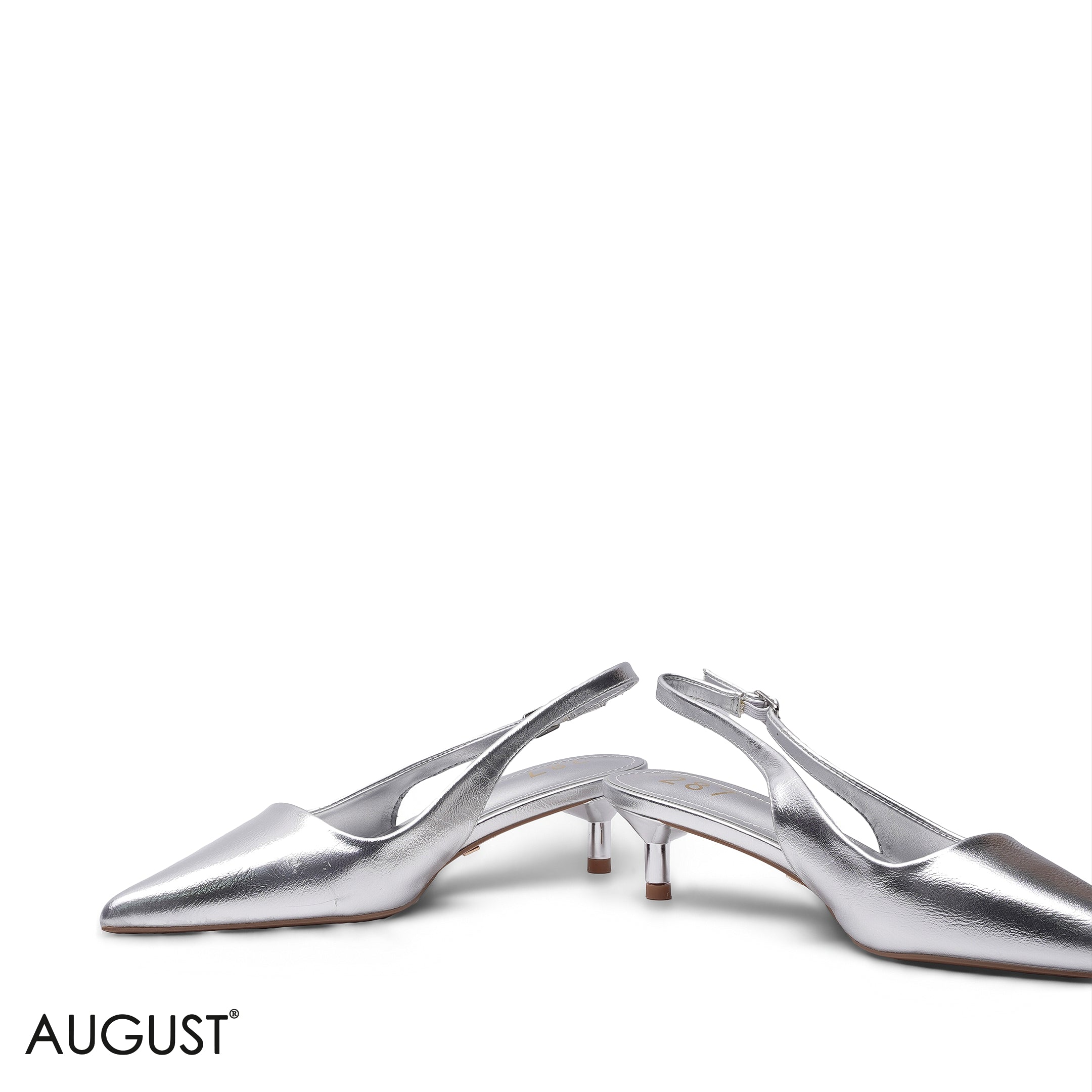METALLIC SILVER KITTEN HEEL SLINGBACK