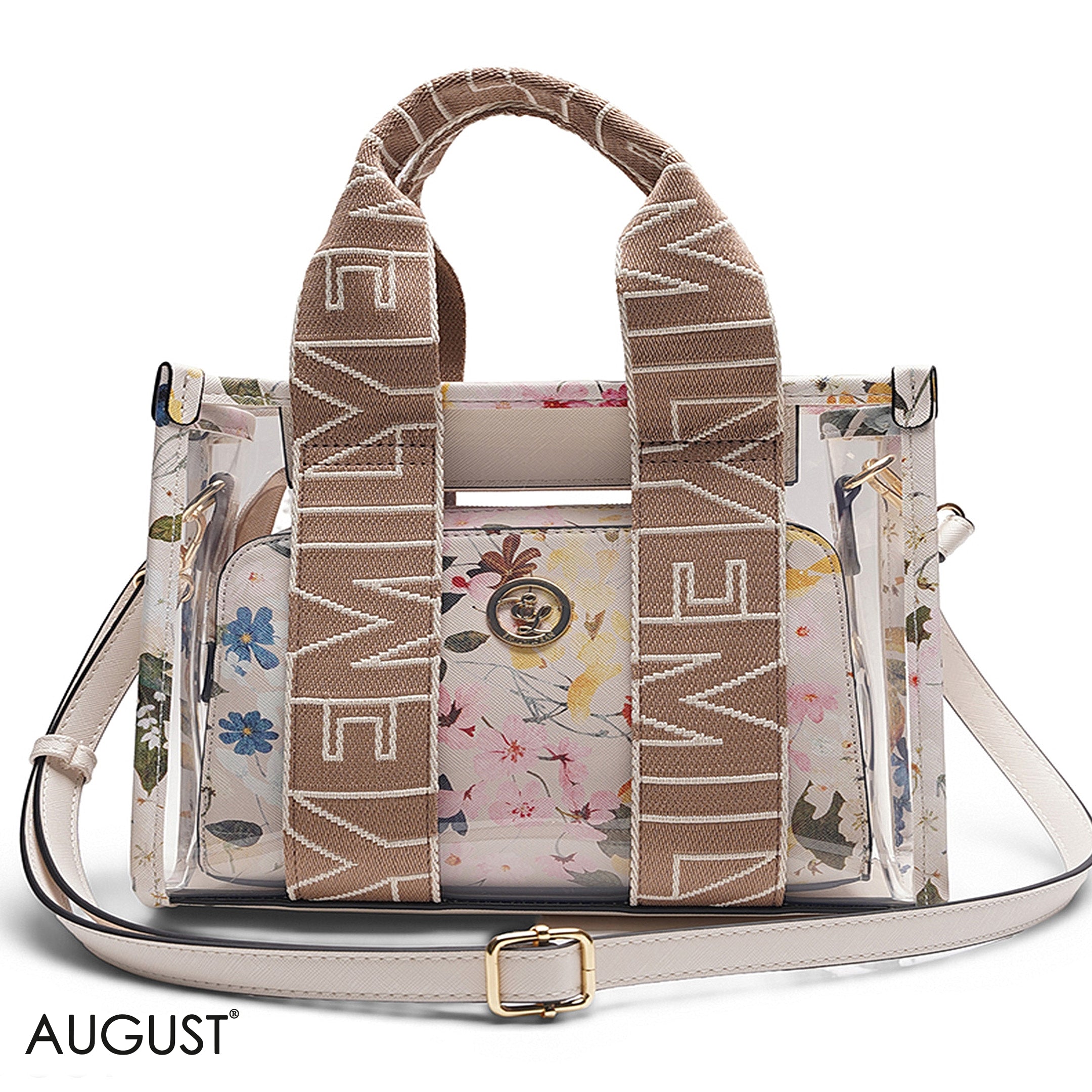 FLORAL BEIGE TRANSPARENT BAG WITH SOLID INNER POUCH- LARGE
