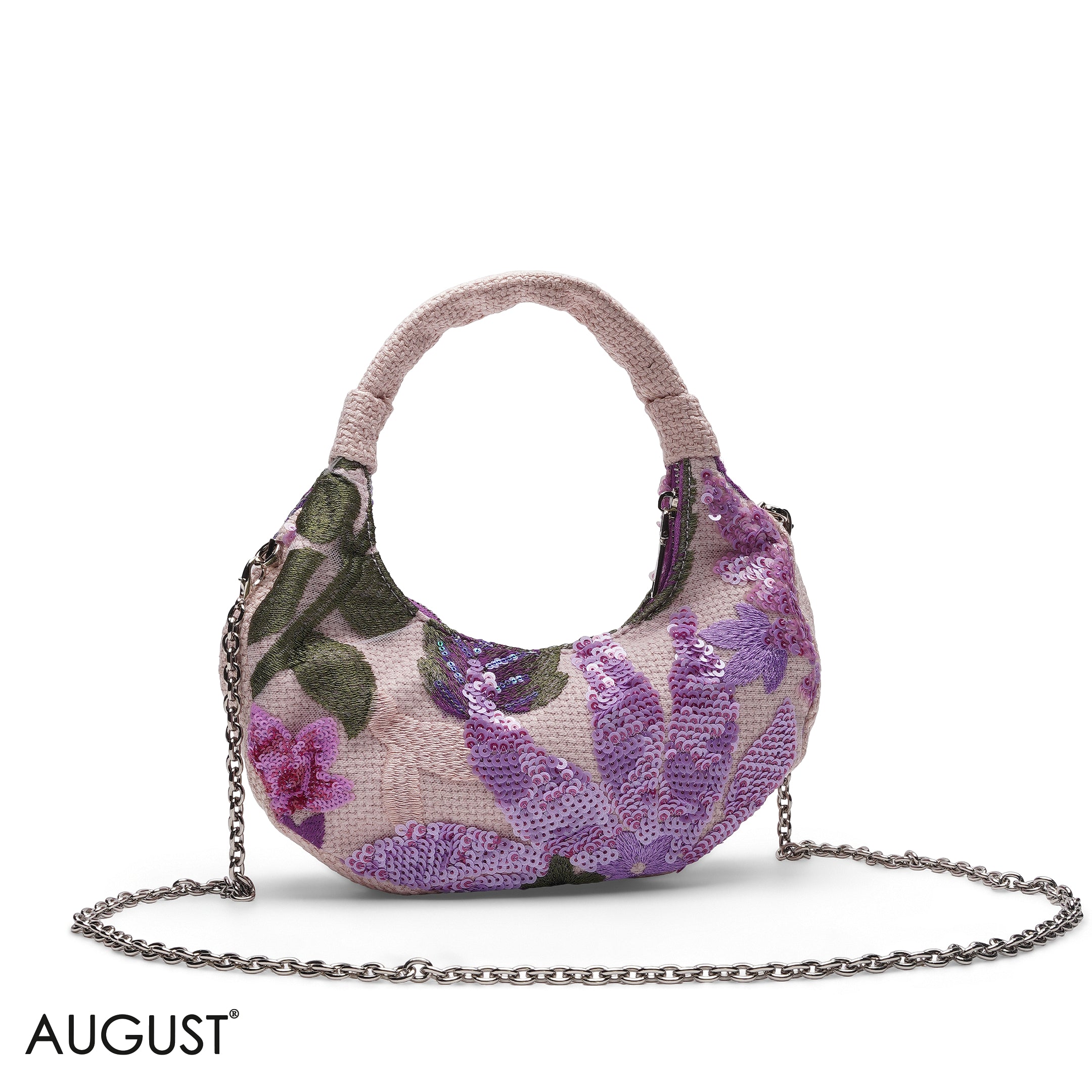 PINK FLORAL SEQUIN HOBO CROSSBODY BAG