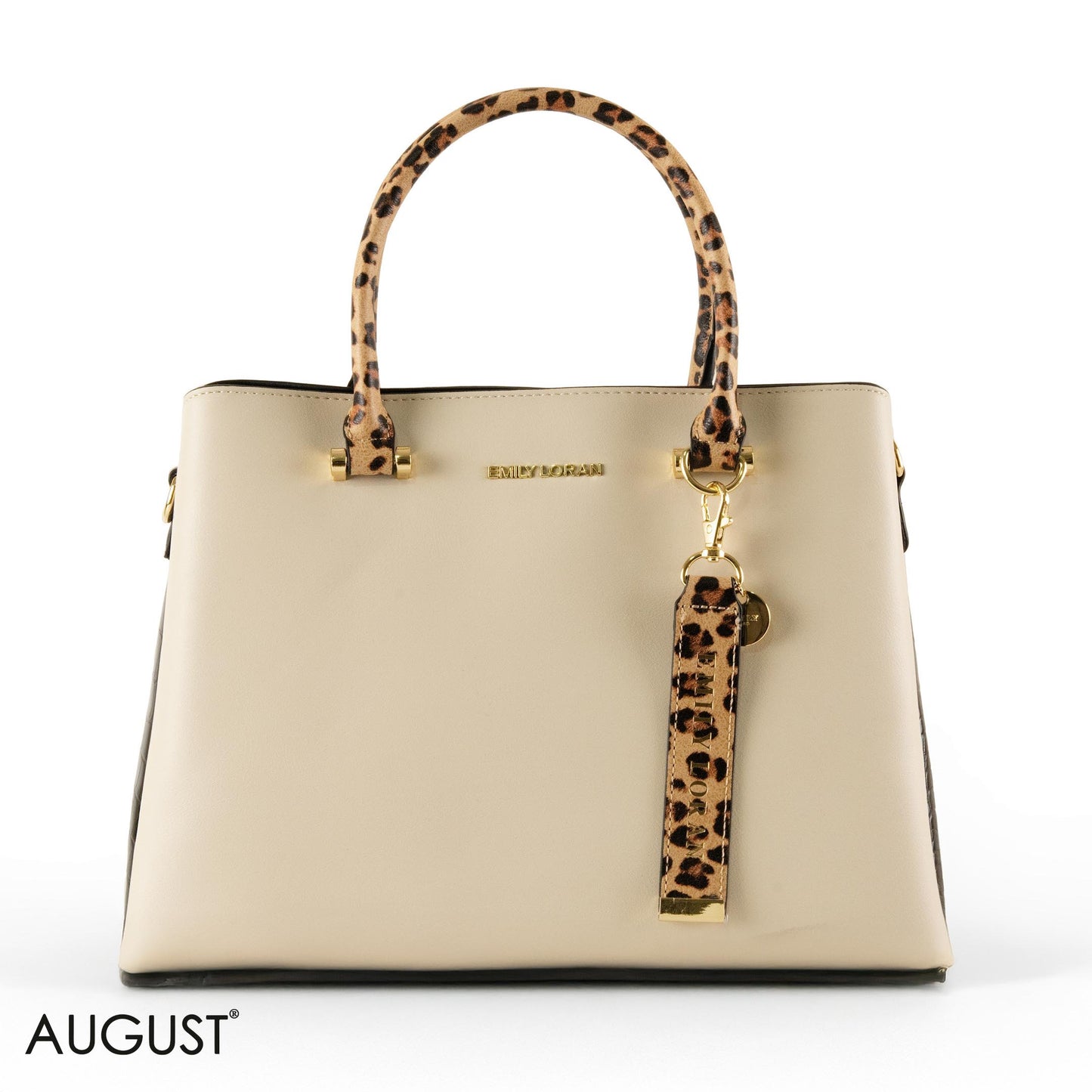 CREAMY SMOOTH LEATHER HANDBAG WITH LEOPARD ACCENTS - LARGE
