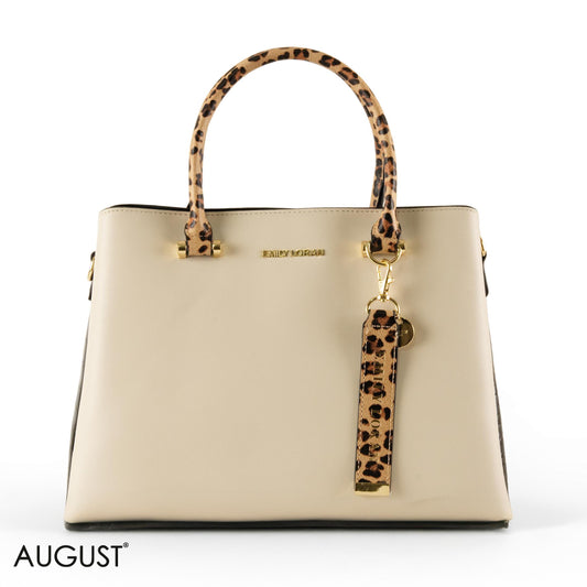 CREAMY SMOOTH LEATHER HANDBAG WITH LEOPARD ACCENTS - LARGE