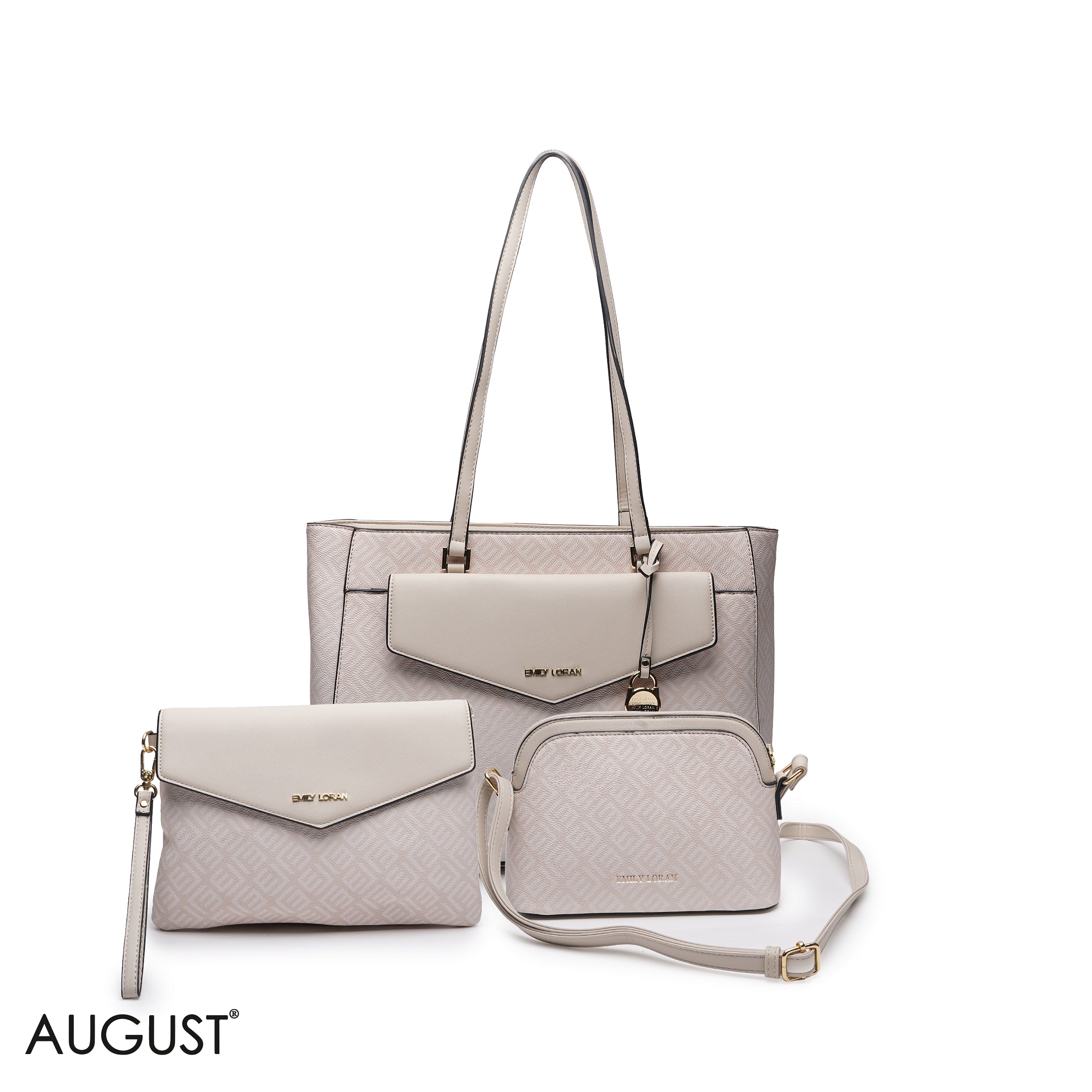 BEIGE MONOGRAM PRINT THREE PIECE MATCHING BAG SET