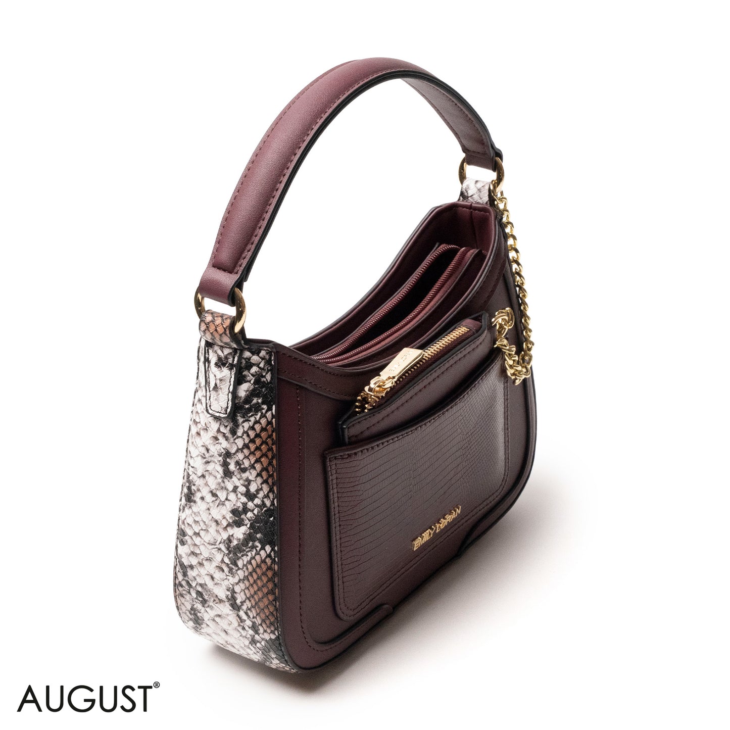 MAROON LEATHER HANDBAG WITH METAL CHAIN -SMALL