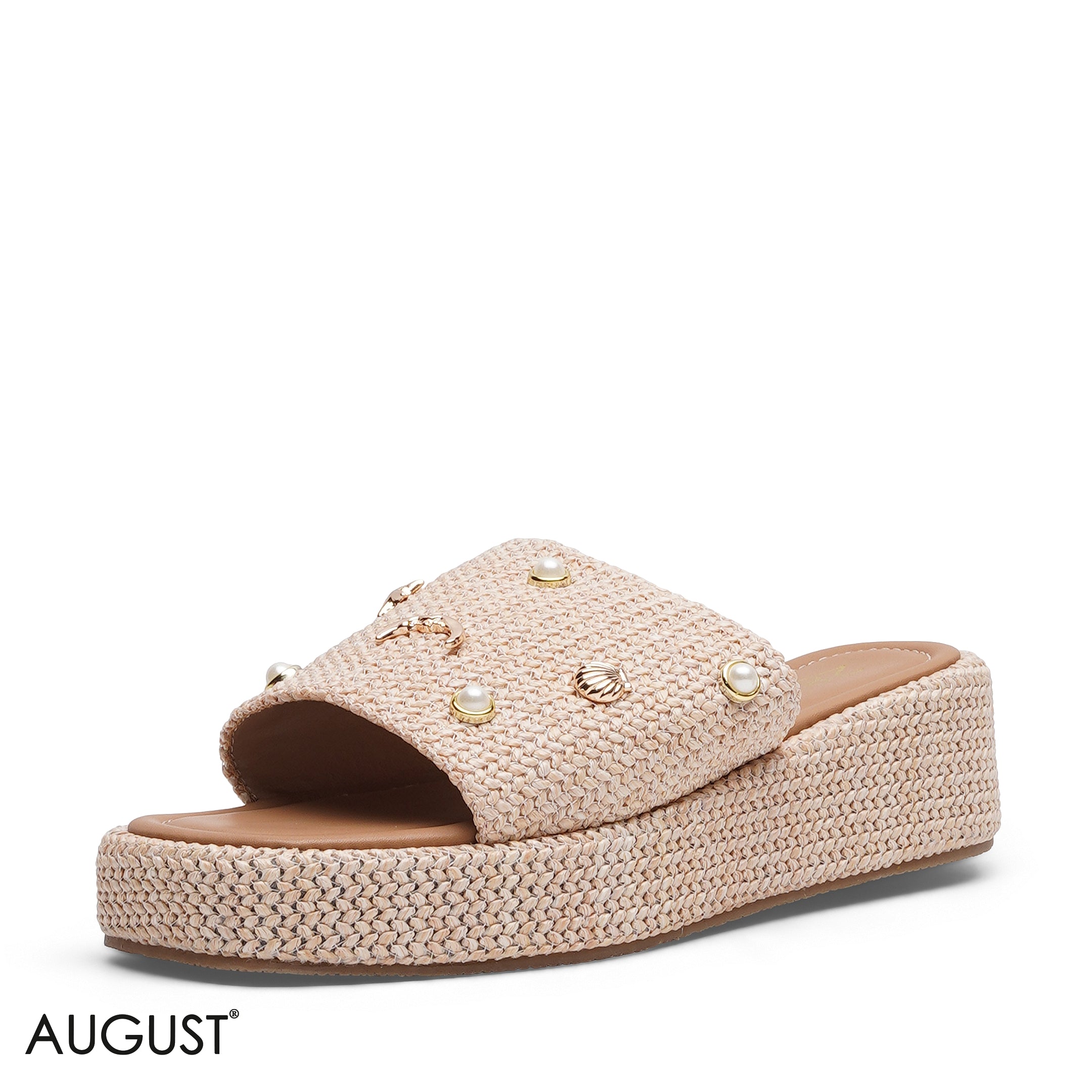 WOVEN PLATFORM SLIDE WITH PEARL ACCENTS SLIPPER