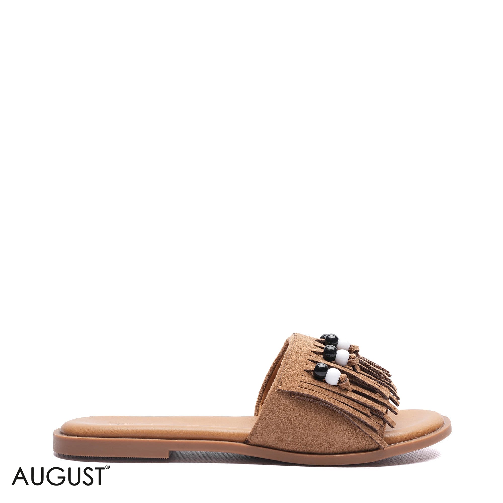 BEADED FRINGE SUEDE CASUAL FLAT SLIDERS