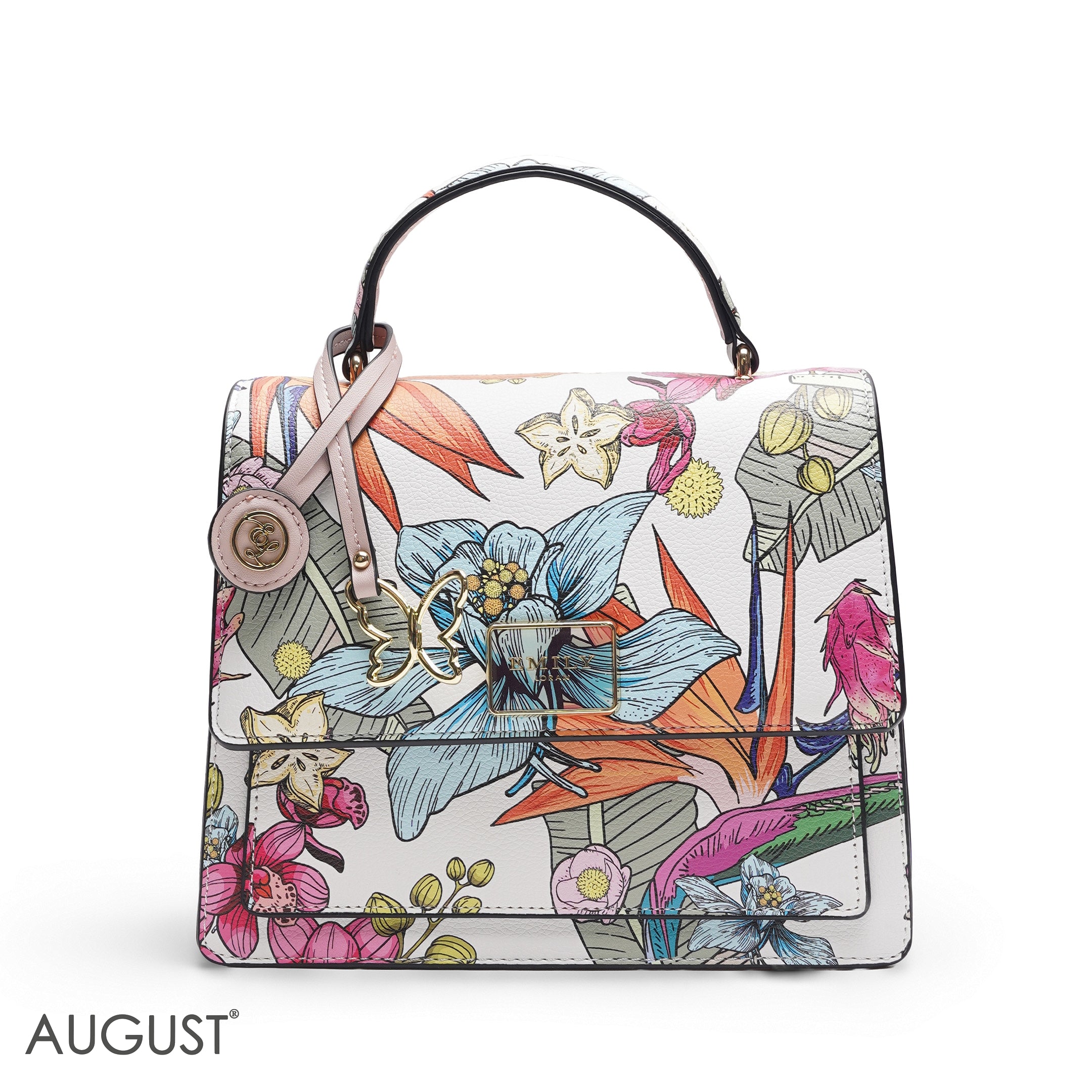EMILY FULL TROPICAL PRINT SATCHEL BAG WITH BUTTERFLY CHARM - MED